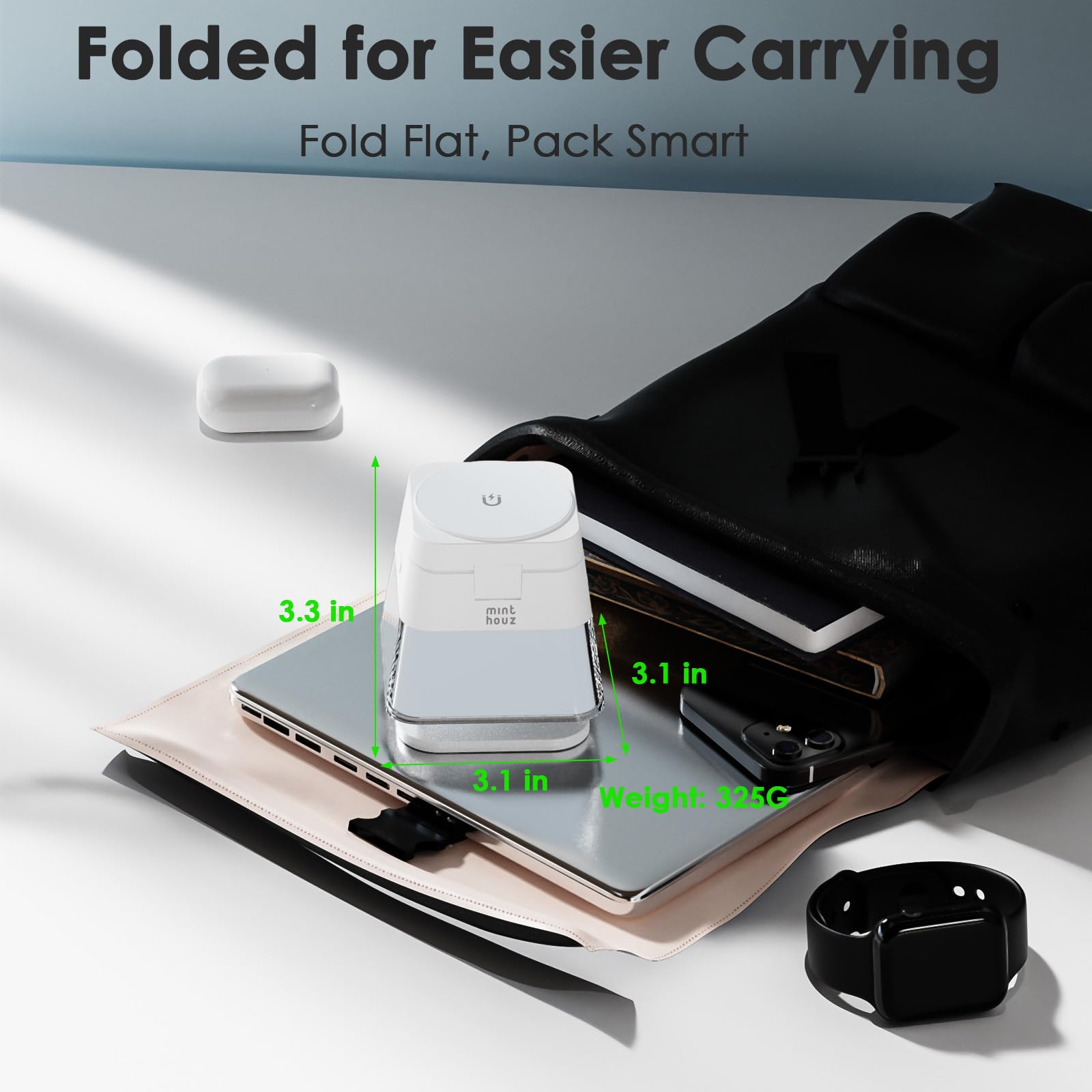 Minthouz Stazione di ricarica 3 in 1 per iPhone, caricabatterie wireless veloce da 15 W con lampada notturna, supporto magnetico pieghevole da viaggio per iPhone 17/16 15 14 13/Apple Watch/AirPods