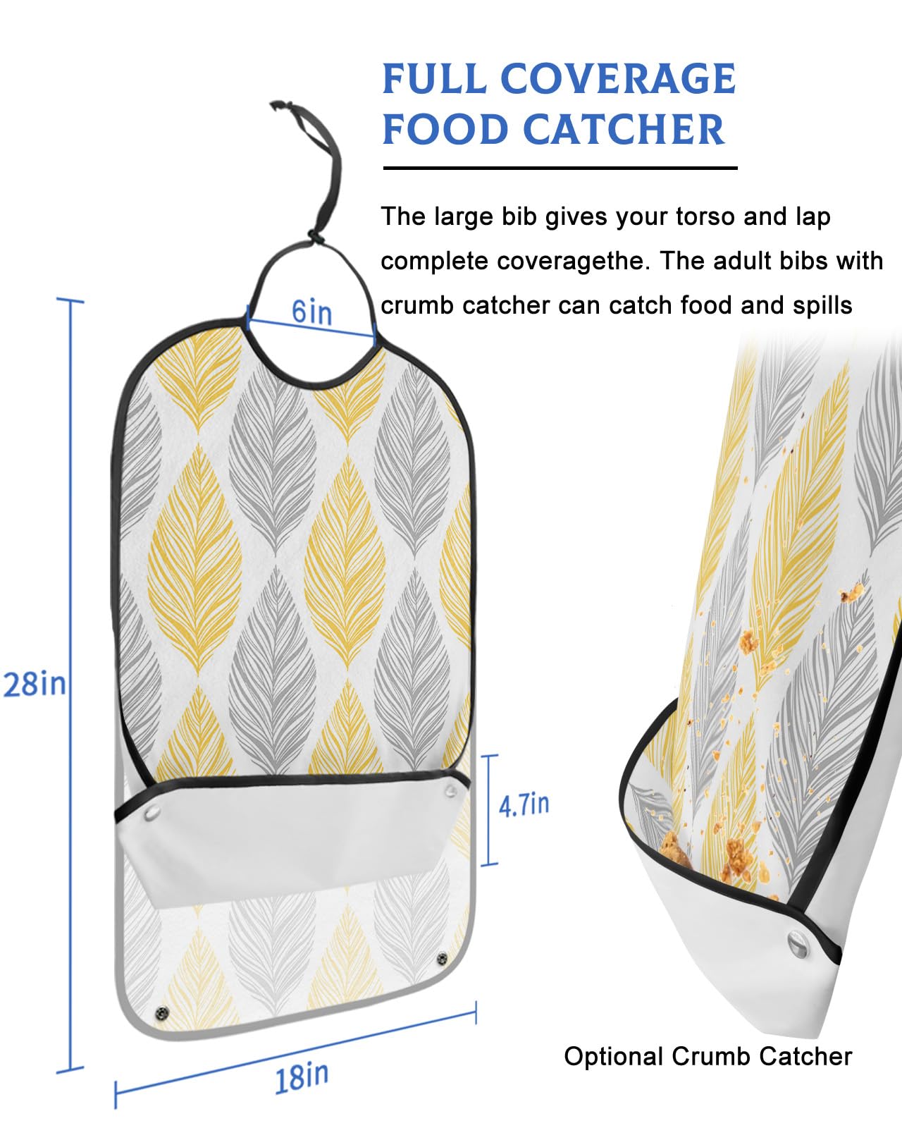 Kewadony Adult Bibs for Elderly Women - Yellow and Grey Leaf Texture Waterproof Dining Clothing Protectors with Crumb Catcher for Eating/Feeding, Abstract Art Leaves Terry Cloth Bib Machine Washable