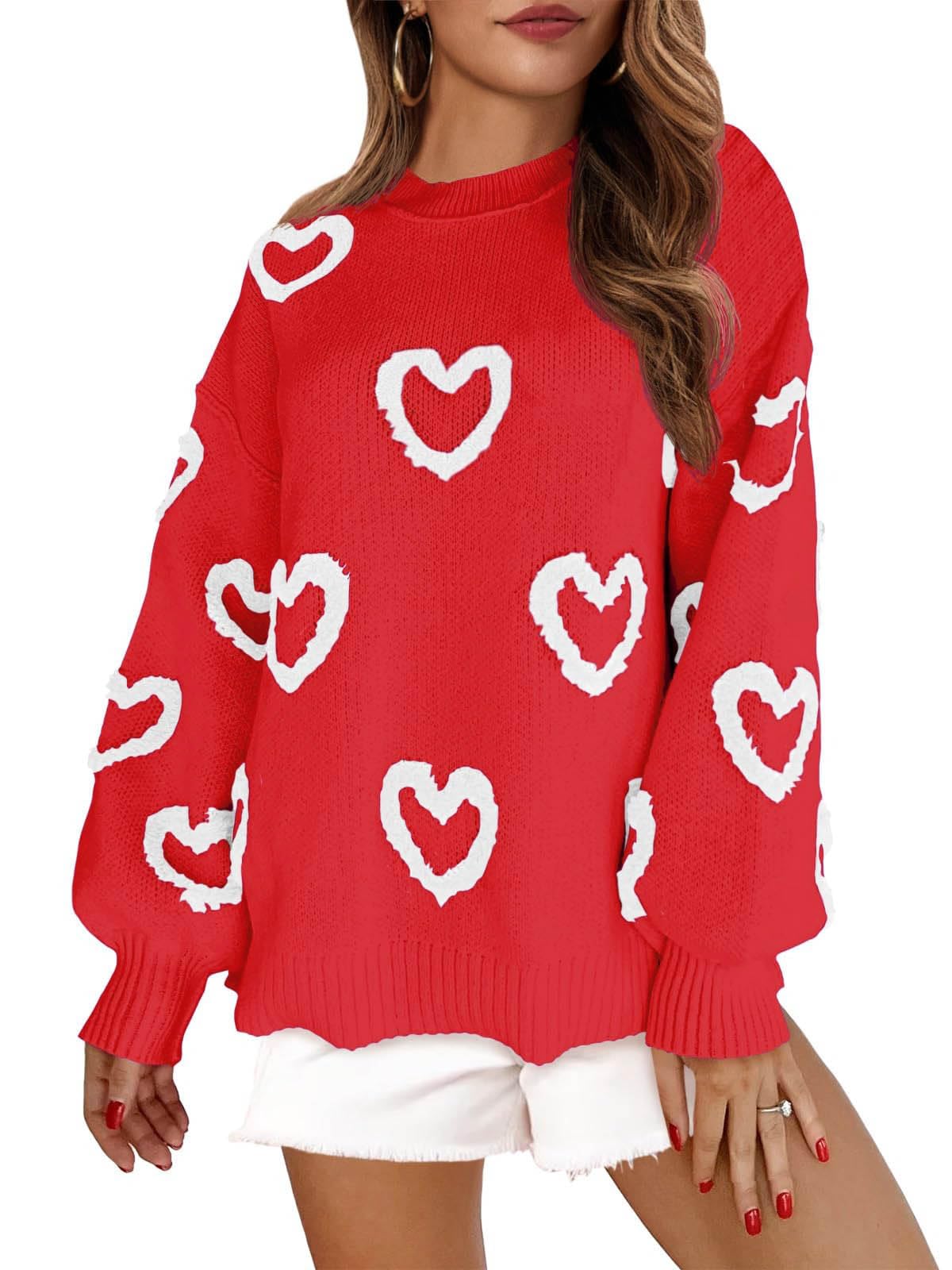 UAURORAO Fuzzy Heart Sweater for Women Cute Valentines Day Sweaters Long Sleeve Crew Neck Sweatshirt Knit Pullover Tops