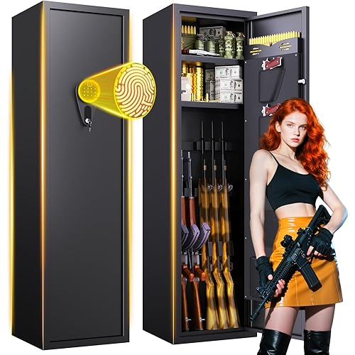10-12 Fingerprint Gun Safe, Large Gun Safe for Rifles and Pistols,Quick-access Biometric Gun Cabinet,Rifle Safe with Removable Shelf Pistol Pockets，Home Gun Locker with Alarm System Silent Mode