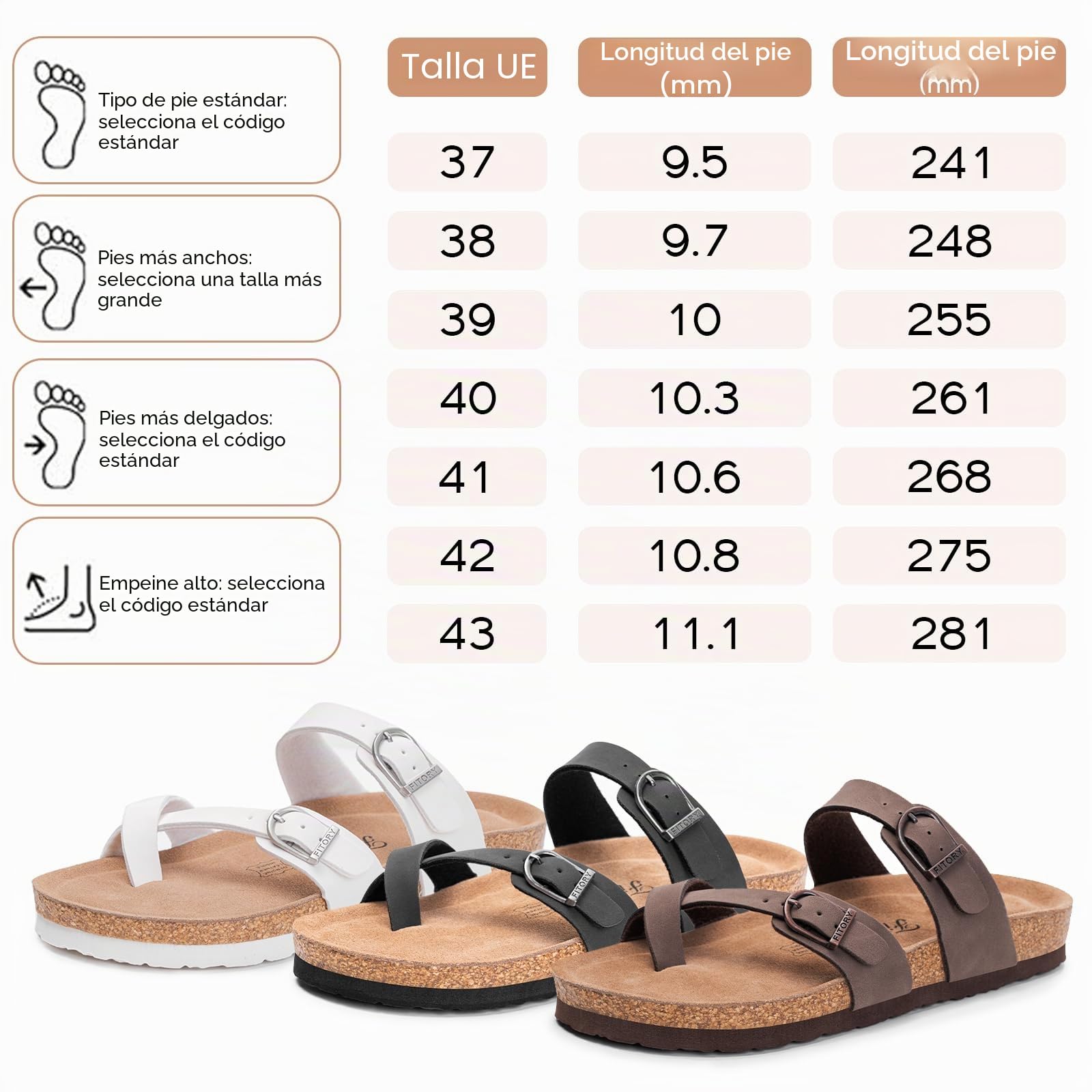 FITORY Sandalias de cuero para mujer con plantilla de corcho, ajustables cómodas y antideslizantes para verano, talla 37-43