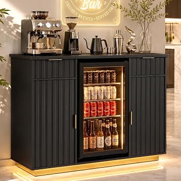 Lamtor Coffee Bar Cabinet with Fridge Space, COB Lights and Power Outlet