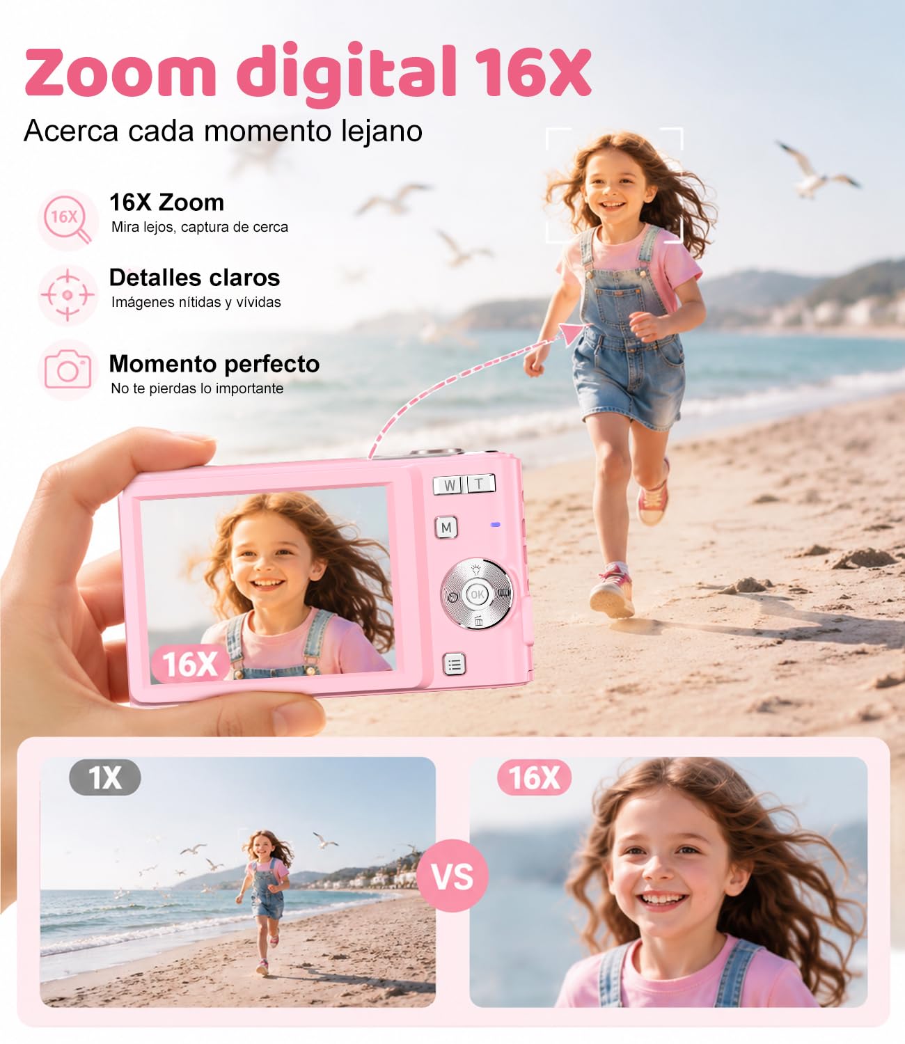50MP Camara de Fotos Digital Compacta, 1080P FHD Vlogging Cámara Digital con Pantalla 2,4”, Zoom Digital 16X, Antivibración, Minipuerta Adecuado para Niños Estudiantes, Tarjeta de 16 GB(Rosa)