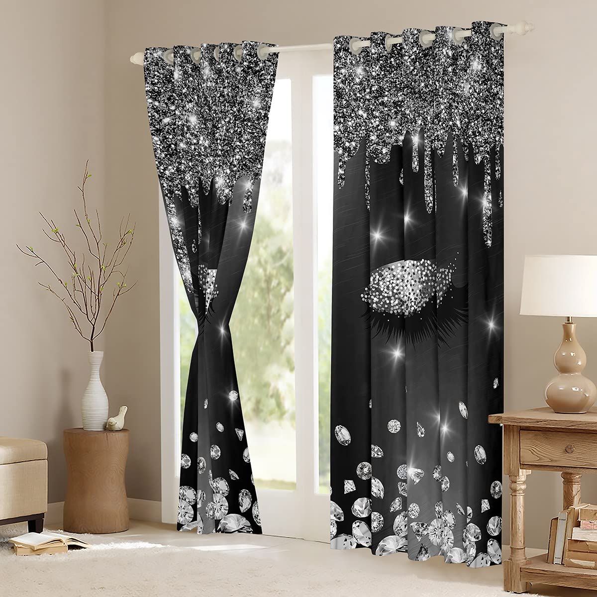Homemissing Tende con brillantini per ciglia, per camera da letto, soggiorno, moderne, semplici, belle, decorazioni nere lucide, oscuranti (30%-50%)
