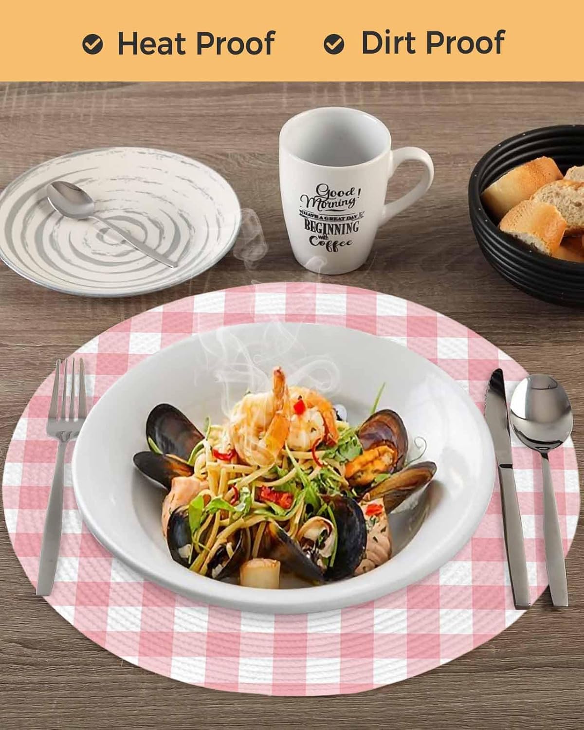 Pink Buffalo Plaid Round Placemats Set of 4 Valentine's Day Place Mats Washable Woven Placemat Check Circle Braided Table Mat for Kitchen Dining Table Wedding Party Valentines Decor 15 Inch