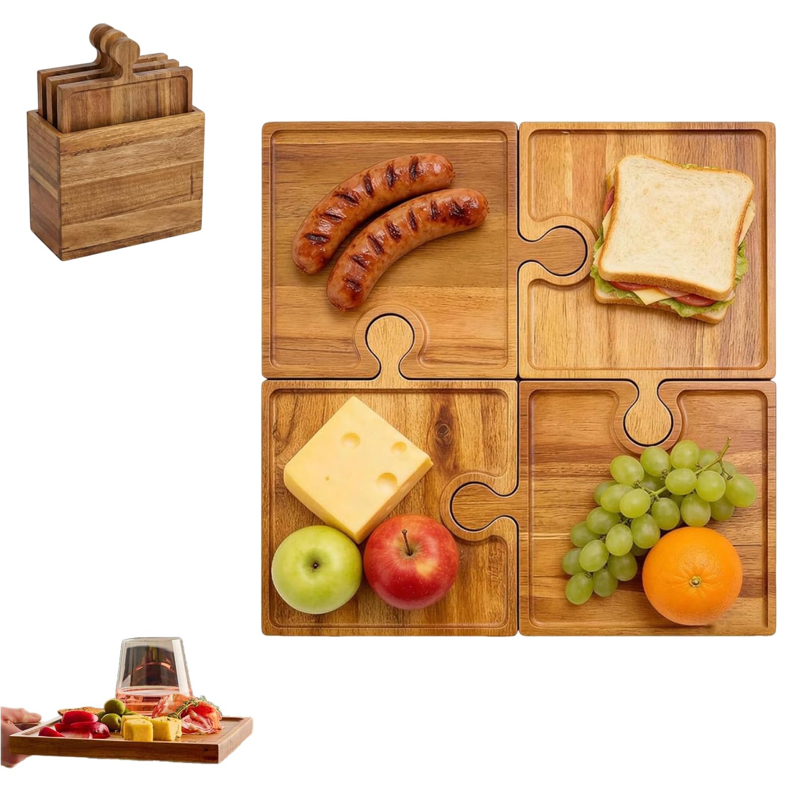Charcuterie Board Set - 4-teiliges Holzpuzzle Schneidebretter mit Griffen und Aufbewahrungsbox zum Servieren von Fleisch, Gemüse und Obst auf Partys oder Zuhause