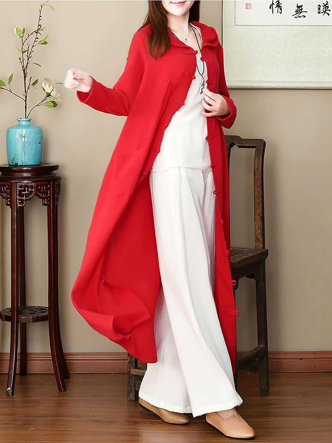 LUZU JUNU Women's Trench Coat Cotton Linen Hoodie Jacket Long Sleeve Chinese Frog Button Outwear with Pocket - Image 2
