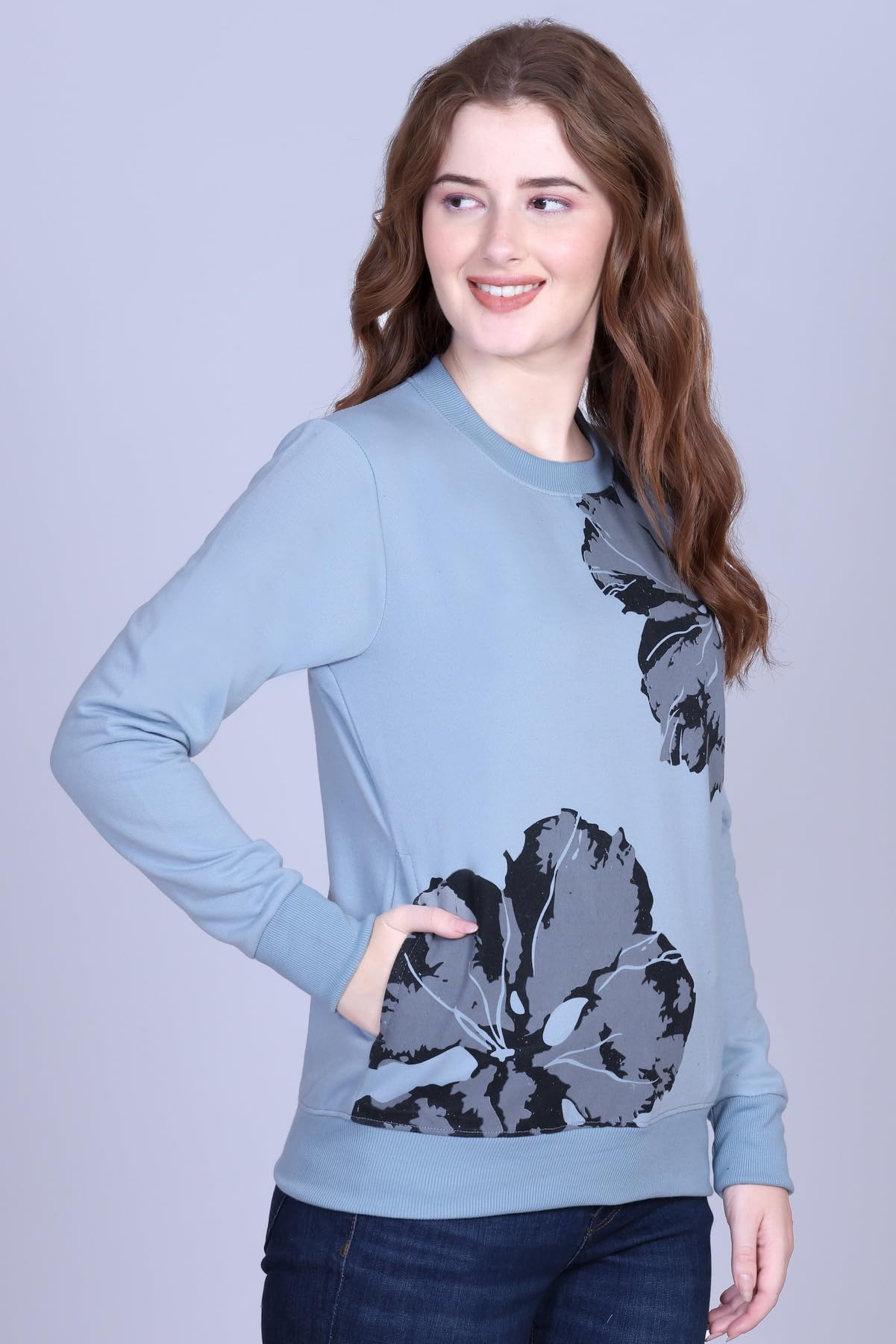 DG Divine Girl Women’s Printed Round Neck Sweatshirt | Winter Wear Fleece Cotton Fabric | Full Sleeves Casual Pullover for Girls & Women (in, Alpha, 2XL, Regular, Standard, 2 Flower Grey) - Image 5 thumbnail