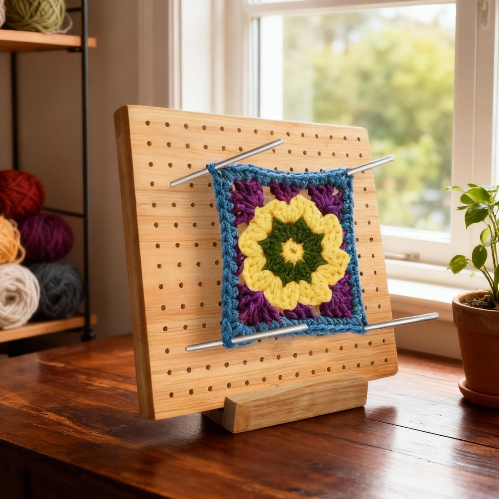 PUCSIQ Tavola di blocco in bambù per Granny Squares, 28 x 28 cm, con 20 perni in acciaio inox, per progetti all'uncinetto e per lavori a maglia, accessori fai da te