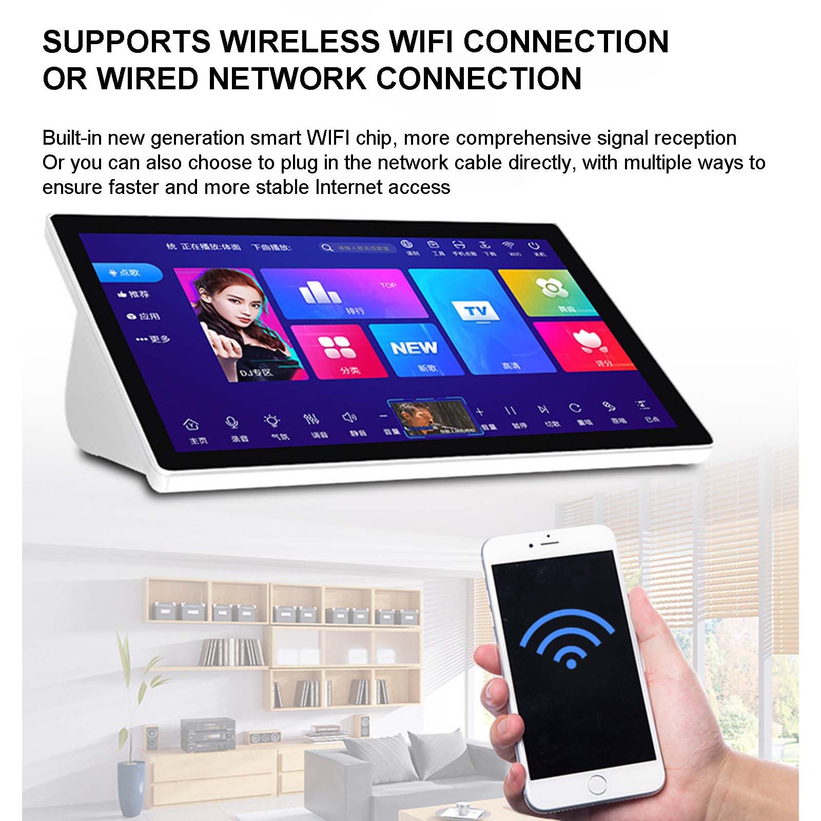 Karaoke Portátil con Pantalla Táctil Capacitiva De 18.5", con Funciones De Reverberación Y Amplificador, 2 Micrófonos Reverberantes Inalámbricos, WiFi + Aplicaciones,3T