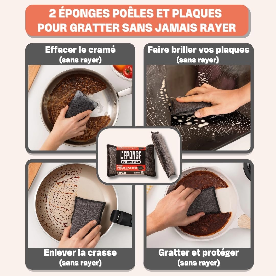 INGA - Kit Ménage Complet : 8 Éponges Lavables Multi-Usages : 4 Grattantes + 2 Salle de Bain + 2 Poêles & Plaques - Une Éponge pour chaque Usage - Ultra Efficaces et Réutilisables - Fabriqué en Europe
