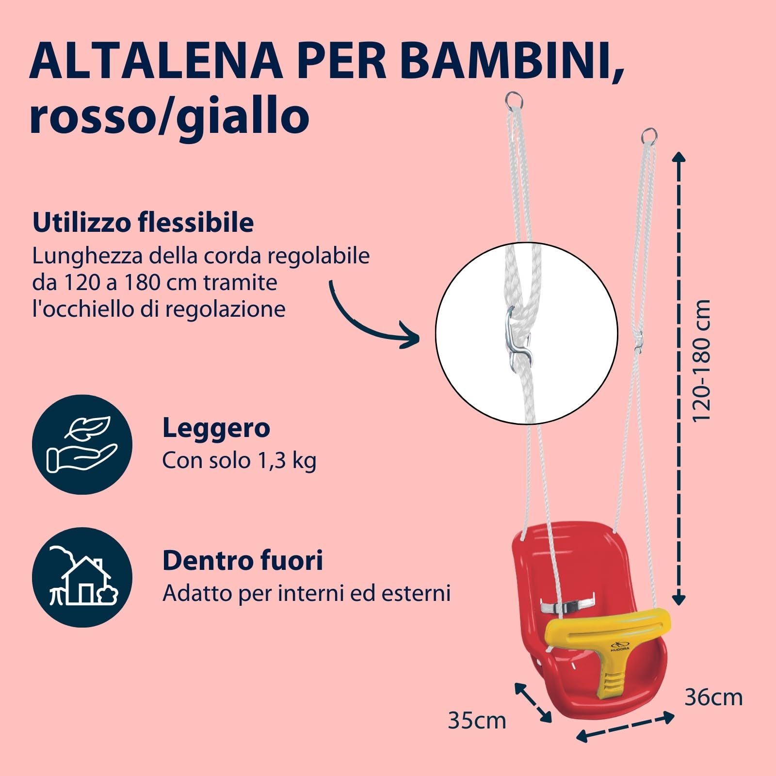 HUDORA Altalena baby rossa/gialla | Altalena da giardino regolabile da 120 a 180 cm I Baby swing da esterno I Altalena per bambini con archetto di sicurezza e cintura I Carico massimo di 25 kg