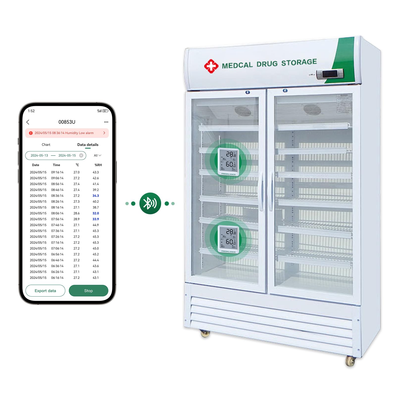 Freshliance - Registrador de datos de temperatura y humedad con Bluetooth, termómetro higrómetro para refrigerador, congelador, higrómetro, sensor digital de temperatura y humedad con análisis de