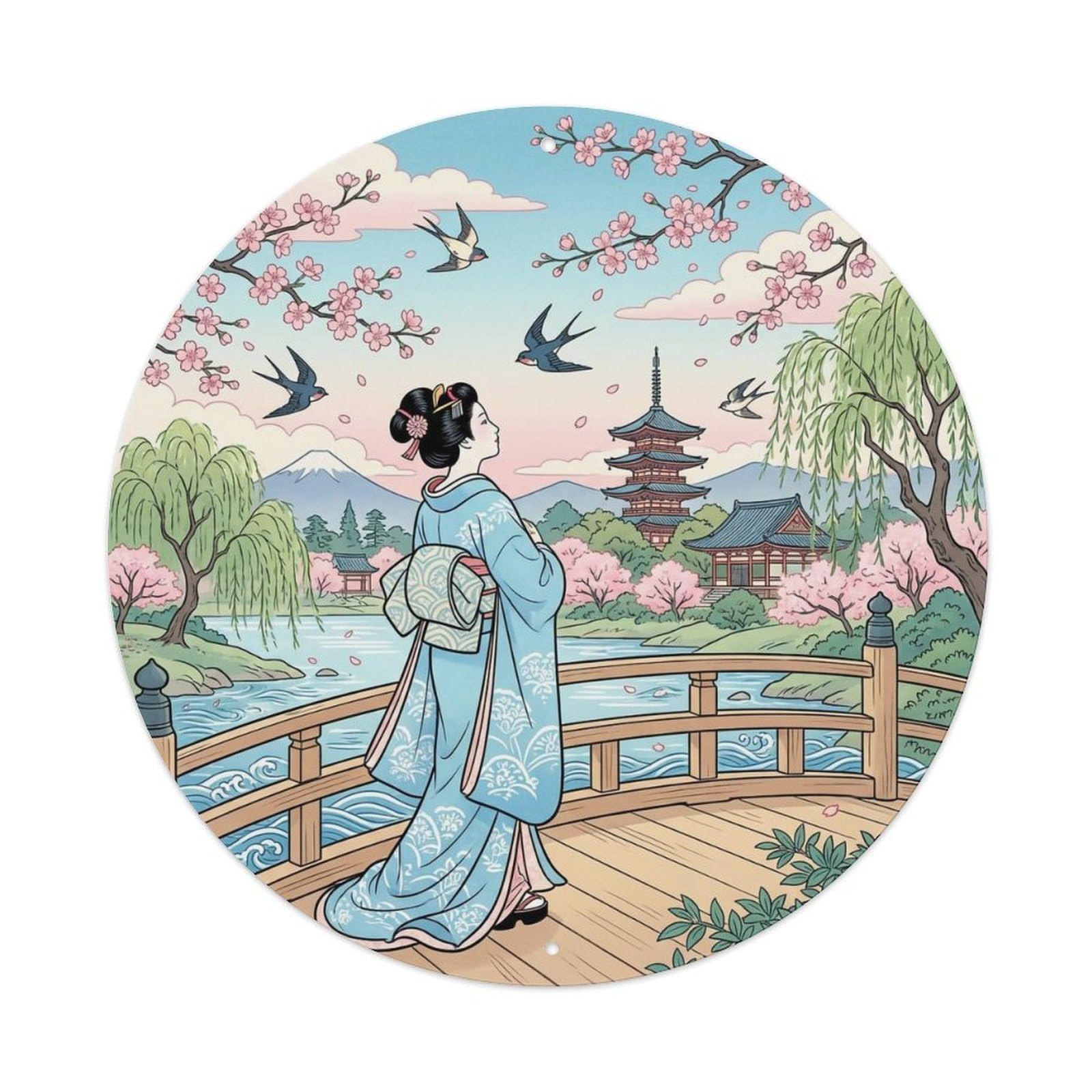 Japanese Elegant Lady Spring Swallow Graceful Ornament Metal Tin Sign