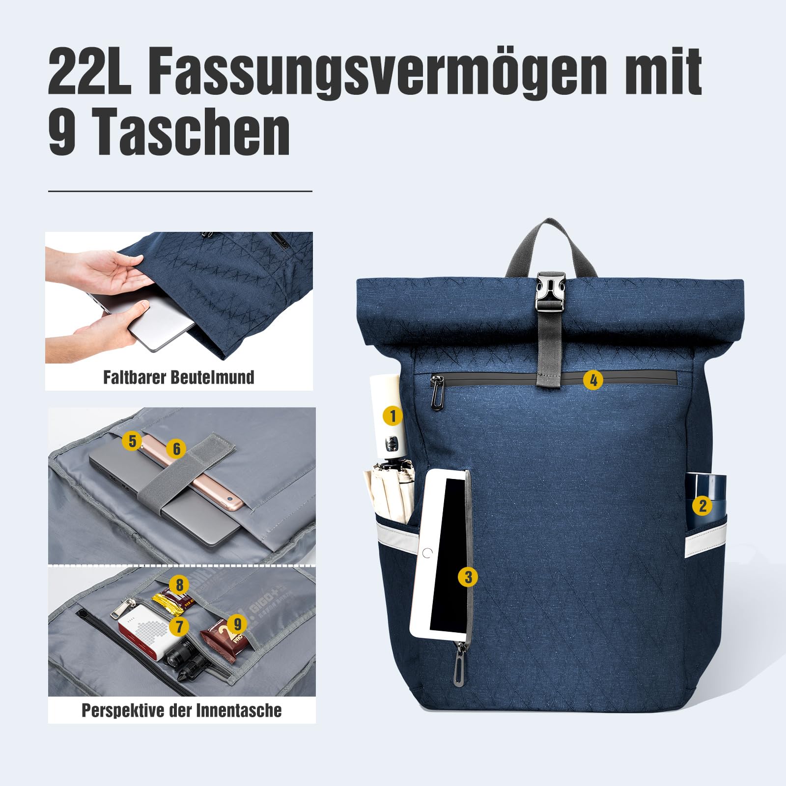 Torba rowerowa na bagażnik, 22 l, plecak dla mężczyzn, 2 w 1, wielofunkcyjna torba na bagażnik z kieszenią na laptopa, niebieski, 22 Liter, 40 x 28 x 15 cm