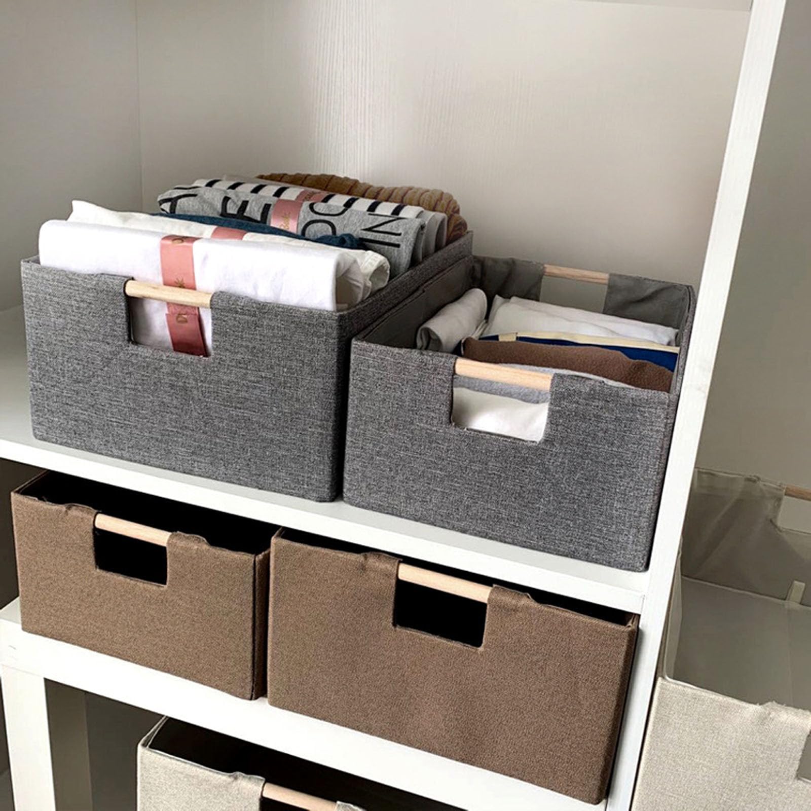 Stabile Aufbewahrungsbox aus Stoff mit Holzgriffen, verstärkter Kartonboden für Zuhause, Stoff-Aufbewahrungsbox für den Haushalt