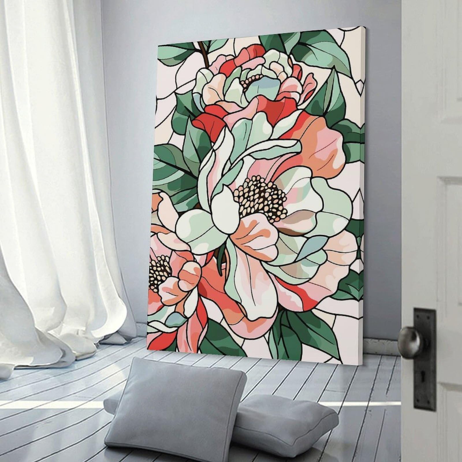 Junmoney Stained Glass Floral Pattern Hanging Wall Art 16x24inch(40x60cm), for Restful Interiors, Bedrooms Or Small Rooms, Home Artwork with A Soft Interior Feel