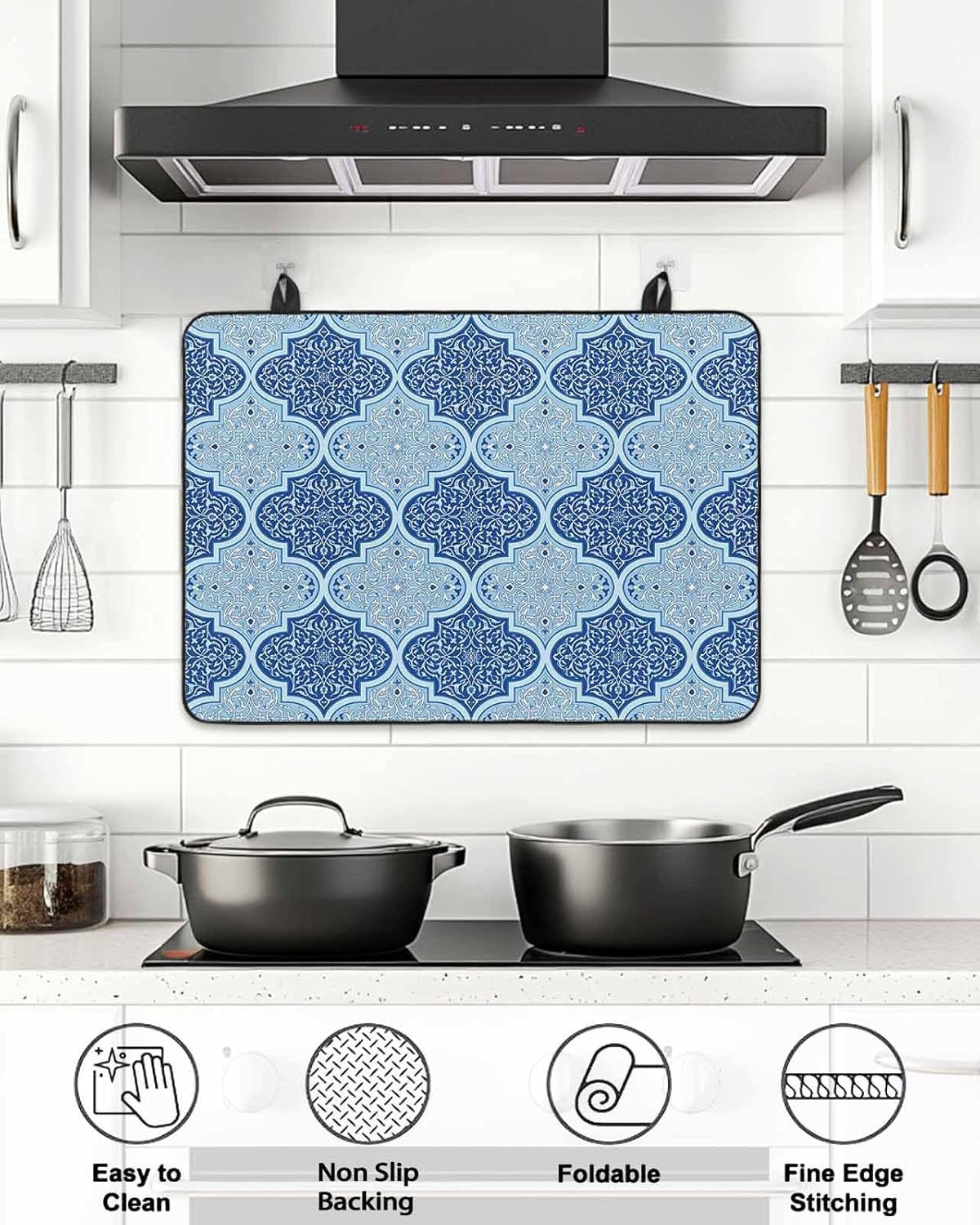 Stove Top Cover Blue Geometric Stove Cover for Electric Stove Top Morocco Abstract Art Glass Cooktop Covers Anti-Slip Mat Heat Resistant Countertop Protector Kitchen Decor 28.5"x20.5"