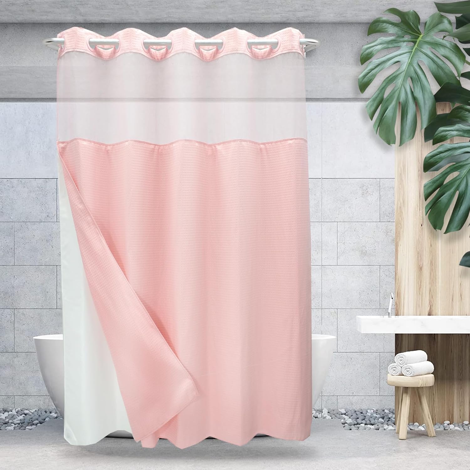 VIUOON No Hook Shower Curtain Set Waffle Weave with Snap in
