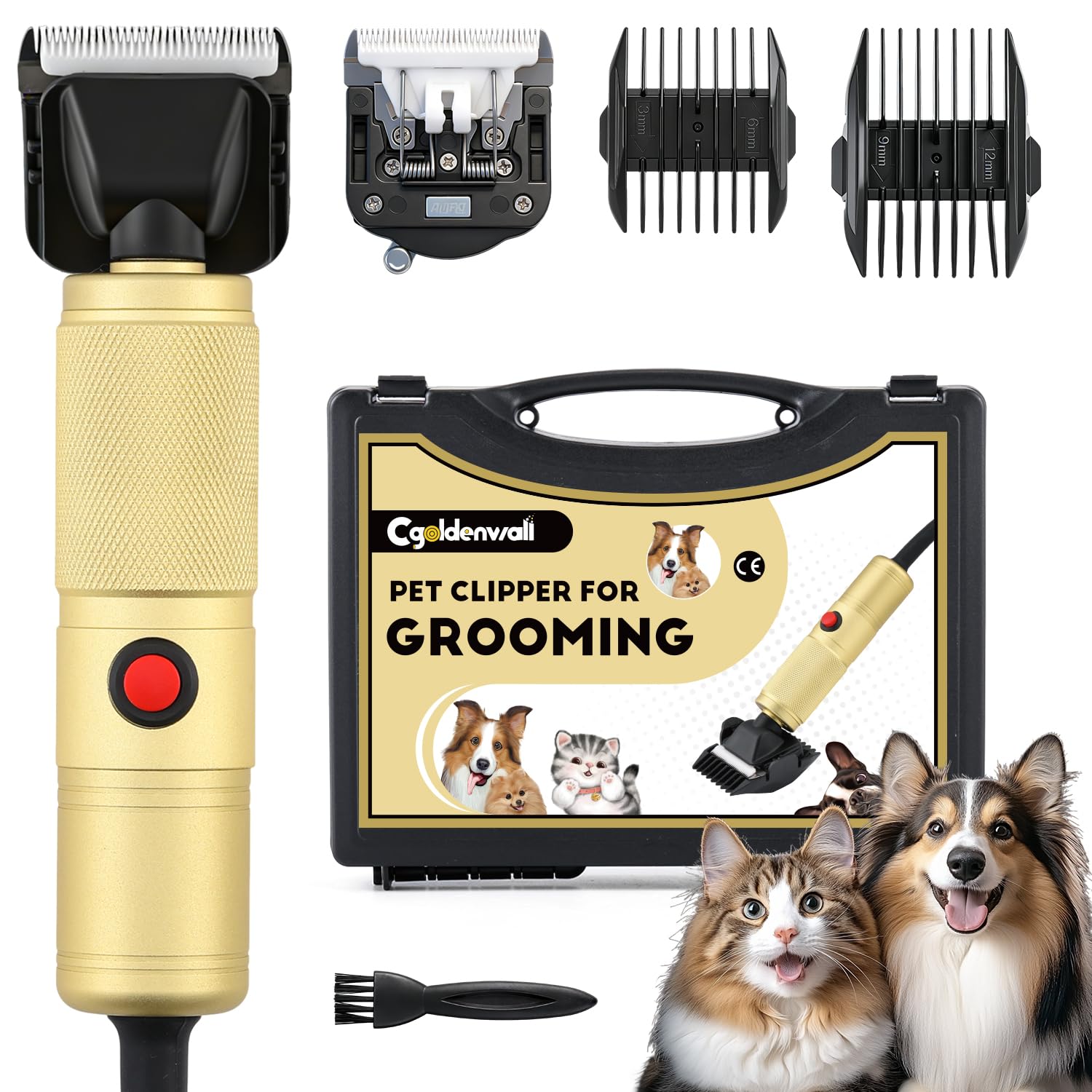 CGOLDENWALL Cortapelos para Perros 280W, Velocidad Sin Etapas 2000-6000RPM, Ruido Bajo <50dB, Cable 3m, 2 Hojas Cerámicas Removibles, 2 Peines para Perros, Gatos y Todos los Tipos de Pelaje (Dorado)
