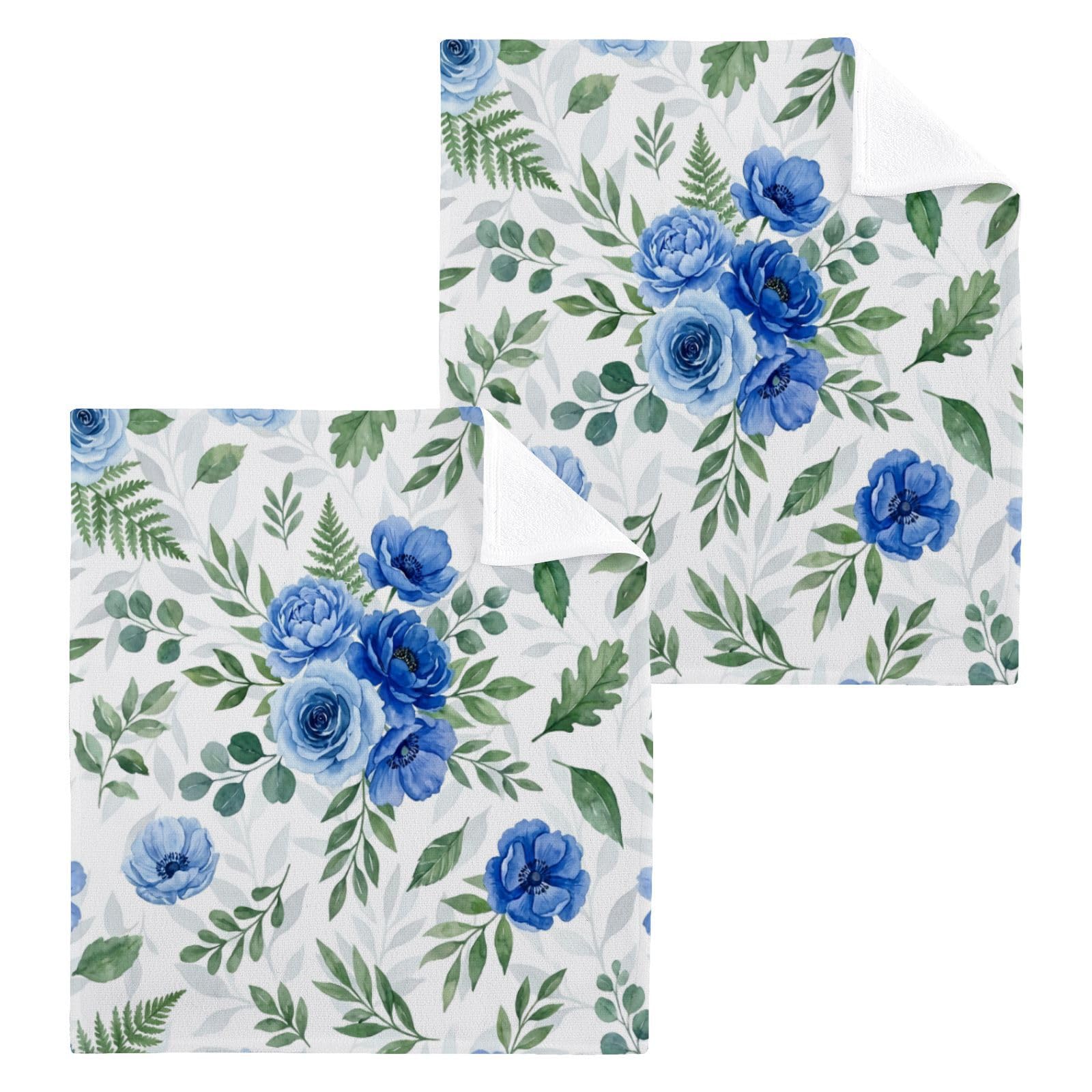 BOESI Blue Floral Bouquet 12x12in Cotton Washcloth,Face Towel
