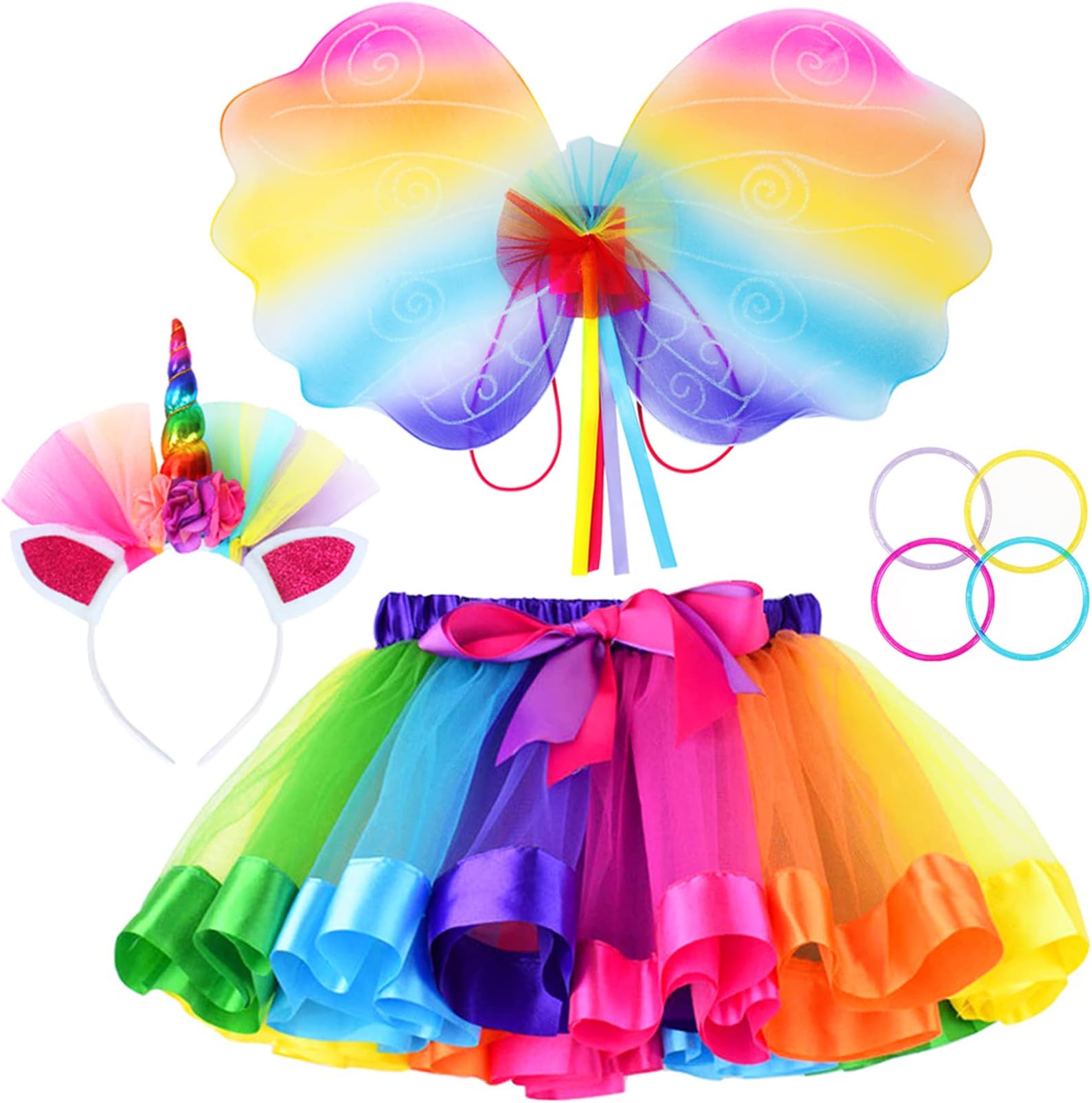 Little Girls Layered Rainbow Tutu Skirts with Wings Unicorn Headband and Bracelets (Rainbow+Wing, L)
