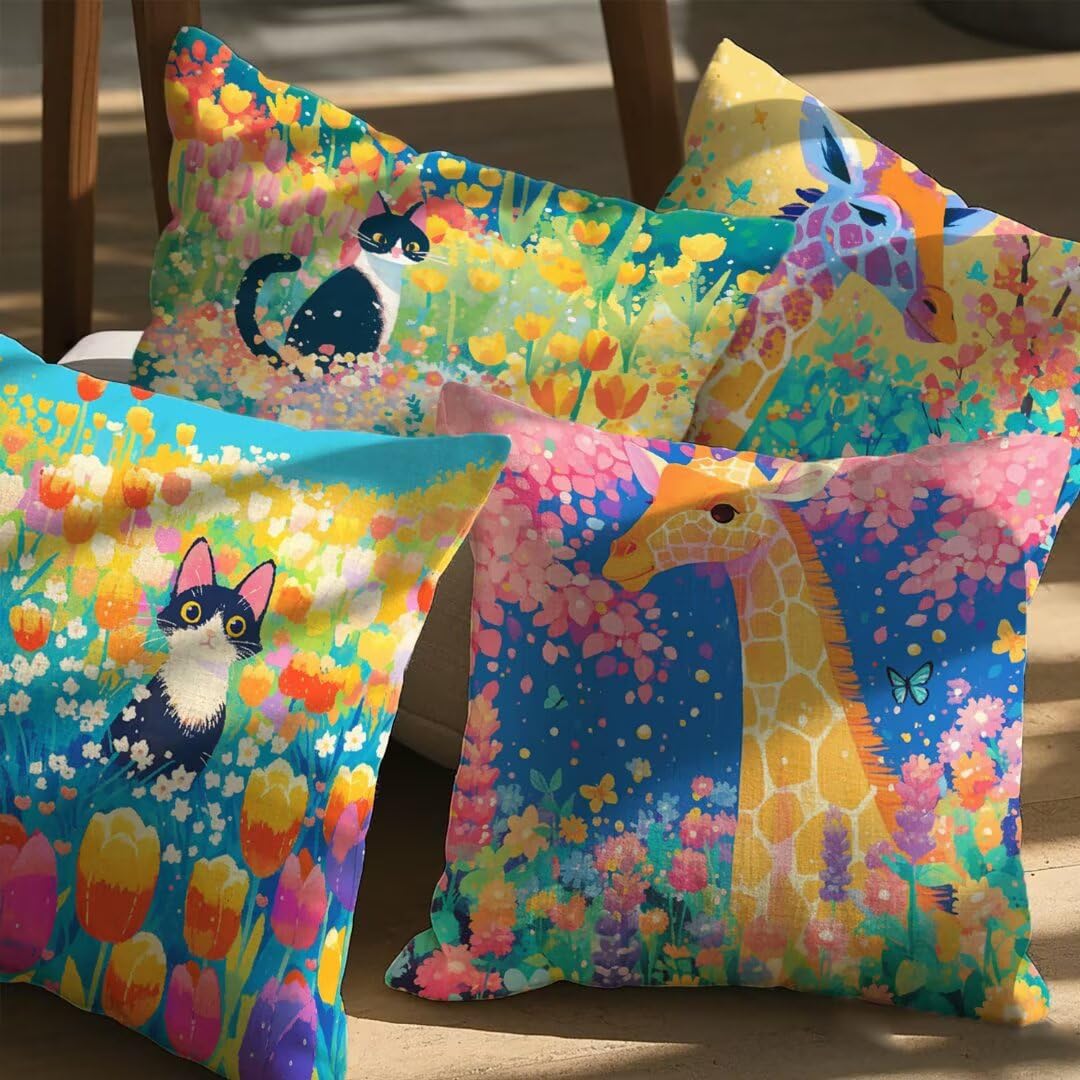 Fundas Cojines 45x45 cm Exterior Cojines Gato Fundas de Almohada Juego de 4, Cuadrados Funda Cojin Jirafa Almohadas con Cremallera, Sofa Cama Decorativos para Hogar, Jardín, Salón y Dormitorio Ym397