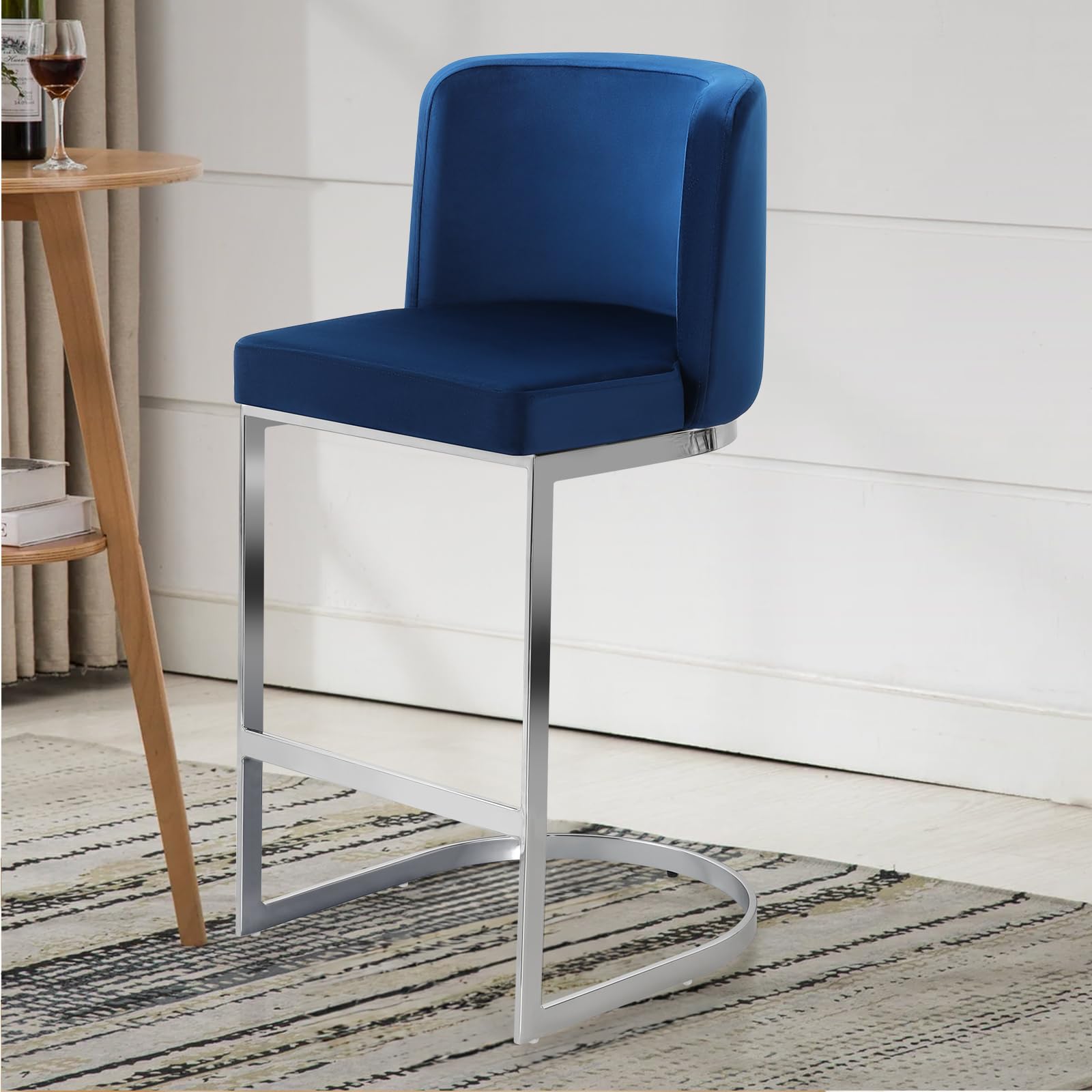 Counter Height 26" Bar Stools Modern Velvet Barstools with Back and C-Shaped Metal Frame, Upholstered Bar Chairs Counter Stool for Kitchen Island, Home Bar, Pub, Blue