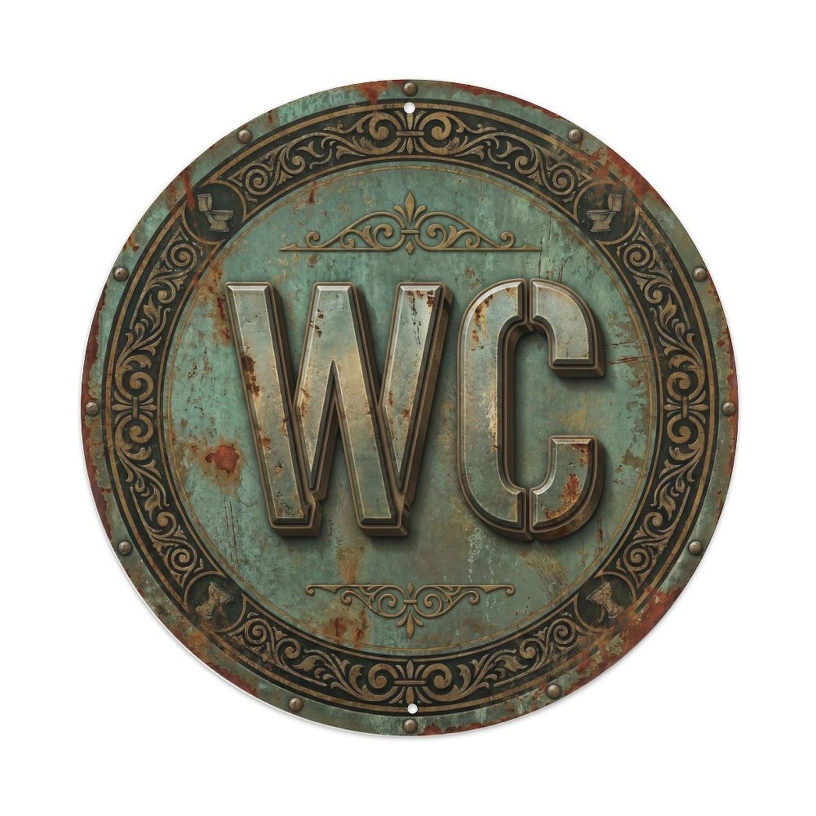 Toilet （WC） Patina Shield Metal Tin Sign Plaque Wall Decor for Cafe, Club Bar, Office, Home Garden Round Metal Poster 8x8Inch