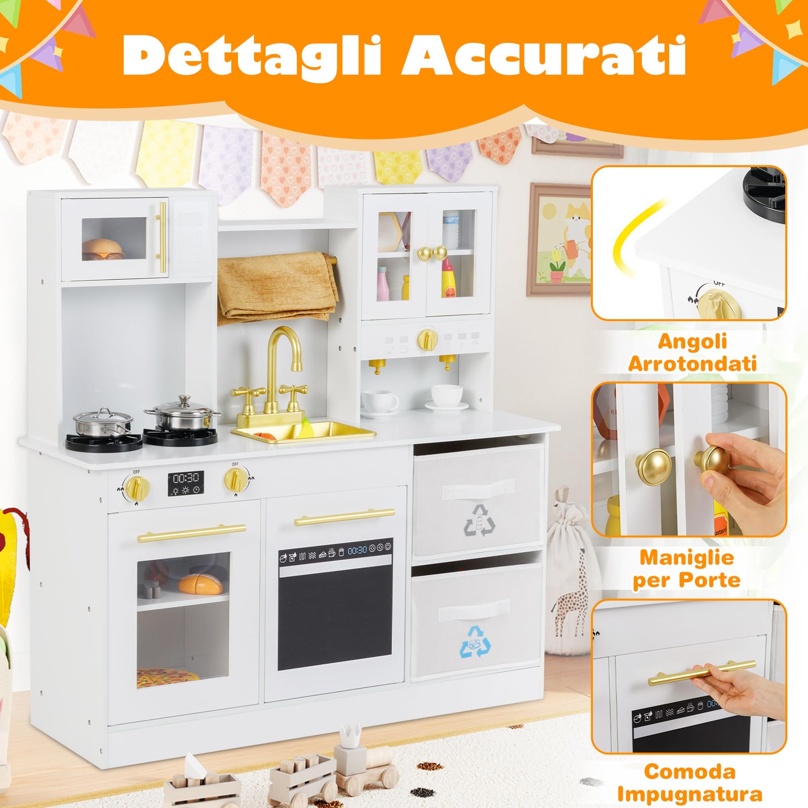 RELAX4LIFE Cucina Giocattolo in Legno per Bambini, Effetti Simulati di Luce e Suono, Cucina Giocattolo Interattiva con 2 Cassetti in Tessuto, Forno Lavello Microonde e Utensili (Bianco)