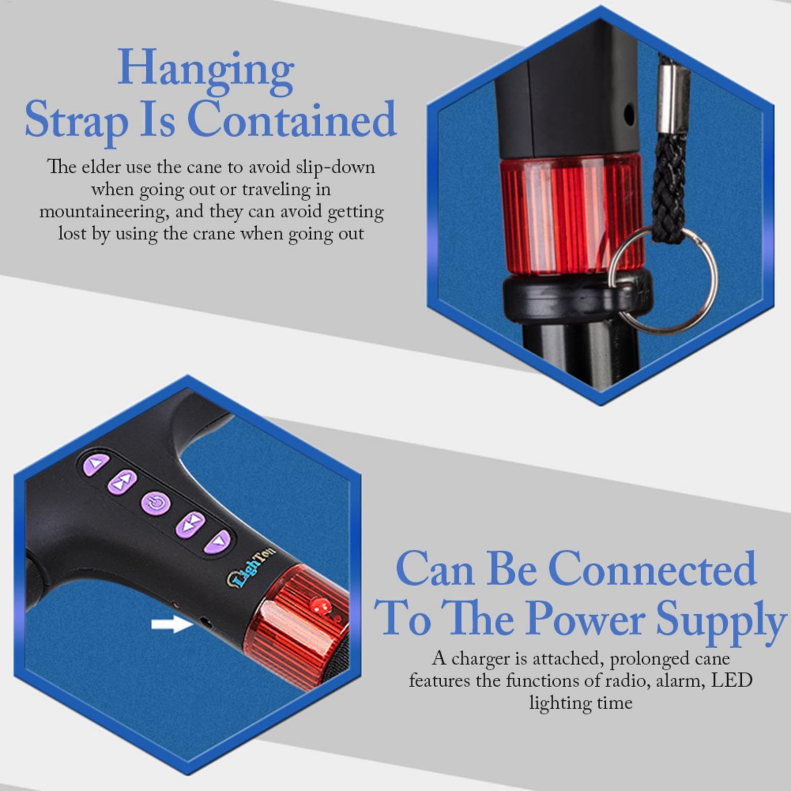 Bastón - Bastón Plegable | Luces Y Alarma con Luz De Bastón | Bastón De Senderismo Ajustable Y Ligero para Hombres Y Mujeres con Alarma, Radio con Luz Led, Bastón Ajustable, Plegable para Caminar