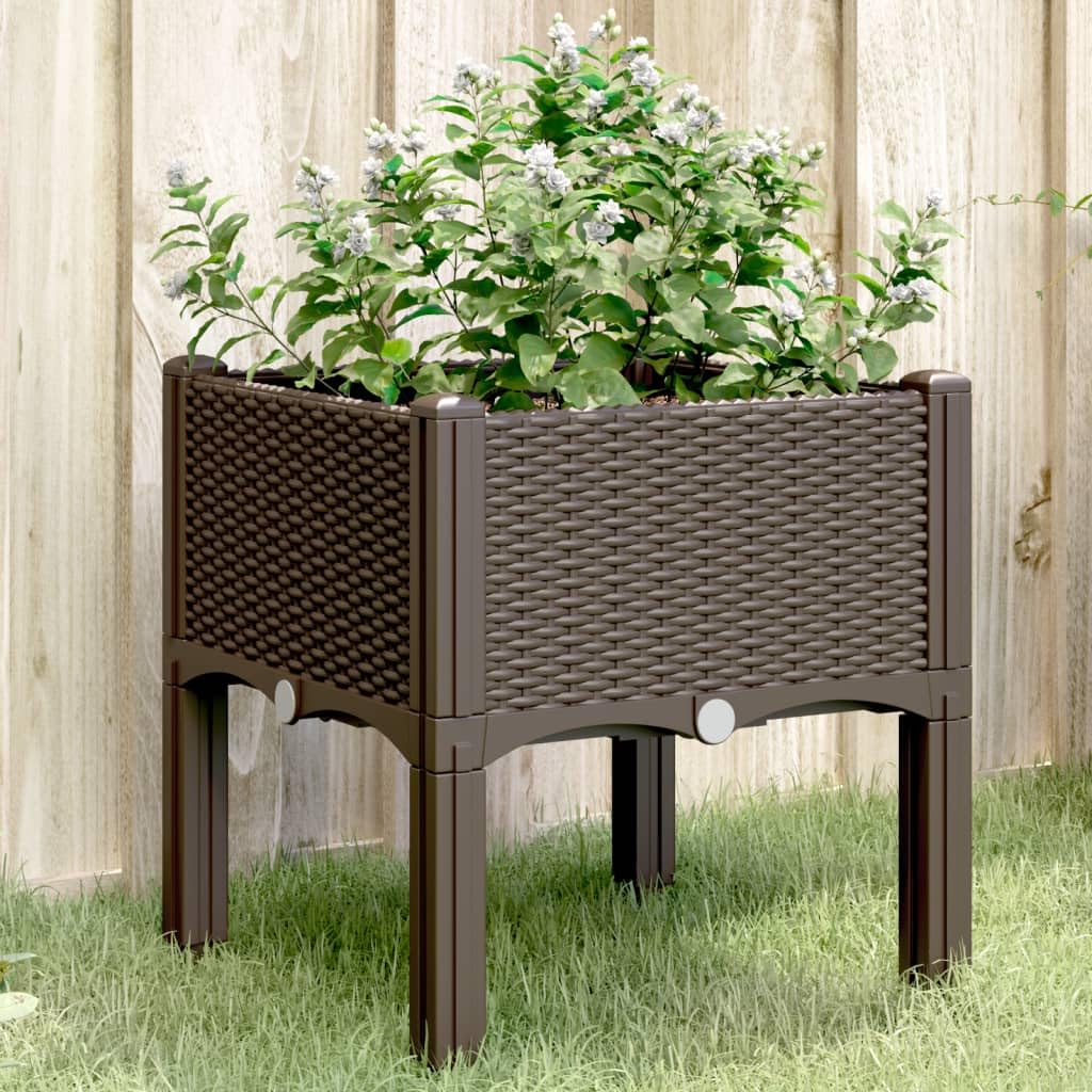 Donica ogrodowa z nóżkami brązowa 40x40x42 cm PP podwyższona donica na patio taras do roślin pnących warzyw kwiatów rattanowy design pojemna odporna