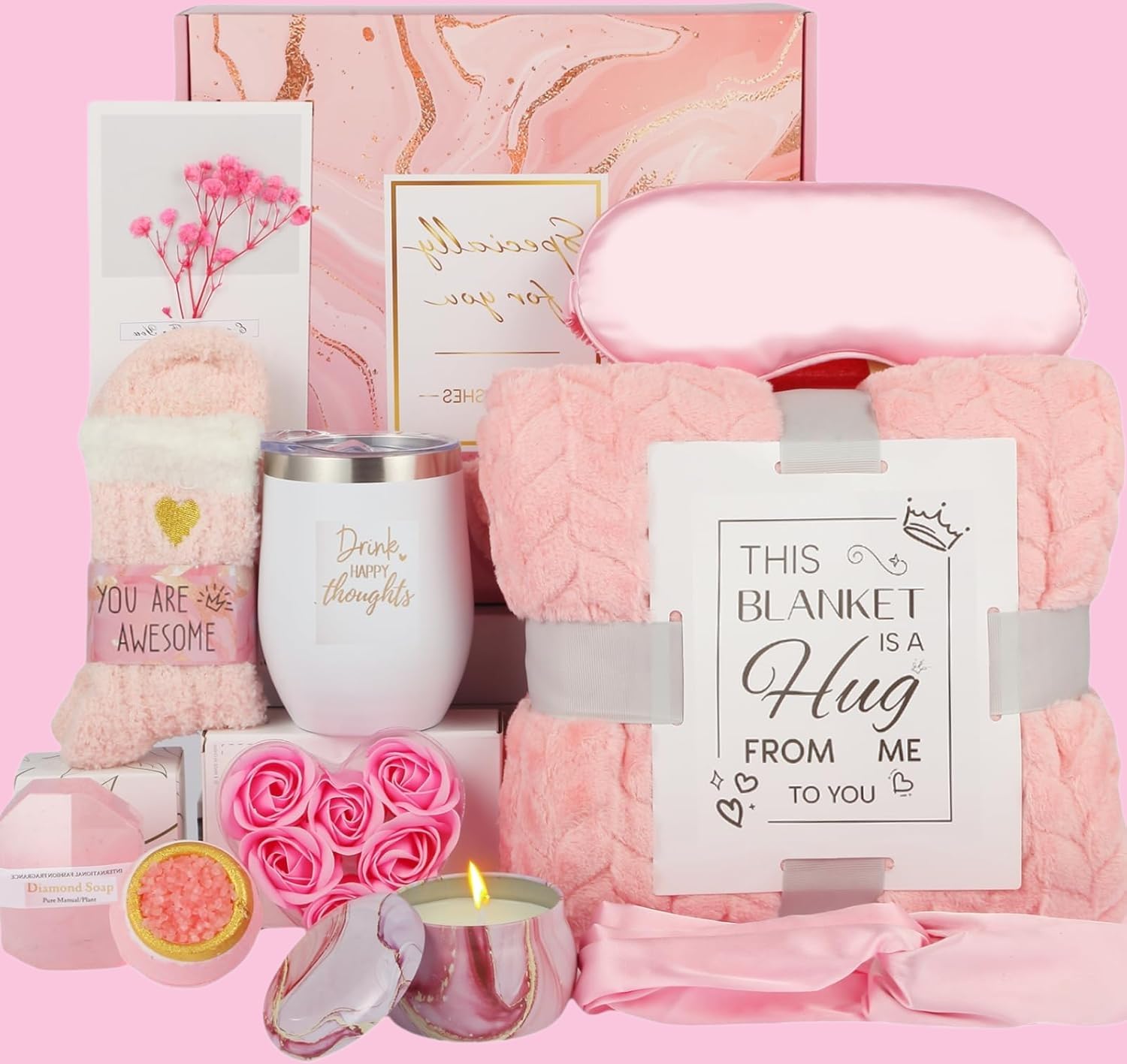 Self Care Gifts for women,Birthday Pamper Gifts Get Well Soon Set W/Luxury Blanket for Women Care Package,Mothers Day Spa Gift Basket for Mom Her Wife Friend Bestie (Pink)