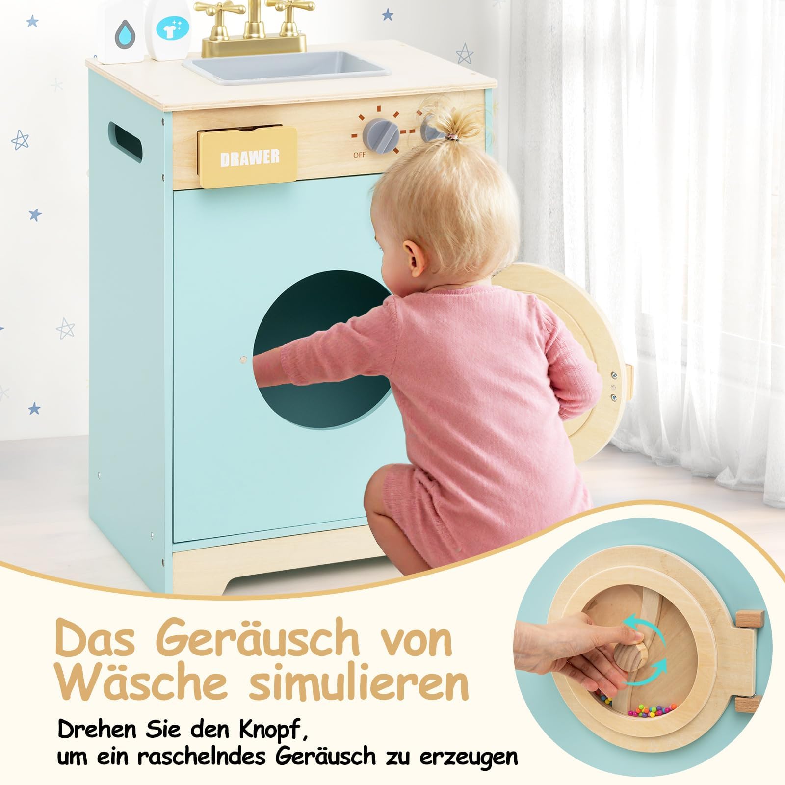 FANTASK Waschmaschine-Spielset, Kinder Waschmaschine Holz mit Waschmittel & Handdesinfektionsmittel, Wäscheset mit Spüle, Schublade & Drehrad, für Kinder ab 3 Jahren