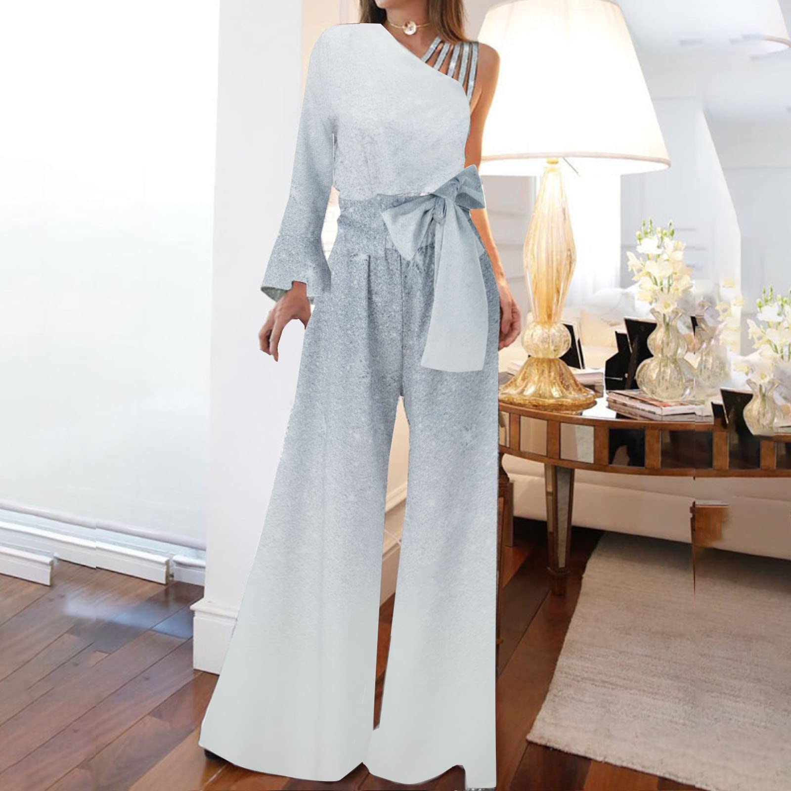 Tuta da donna elegante, per feste, matrimoni, senza spalle, estiva, leggera, bohémien, tie Dye Jumpsuits per ragazze, con cintura, gamba larga, tuta sportiva, taglie forti