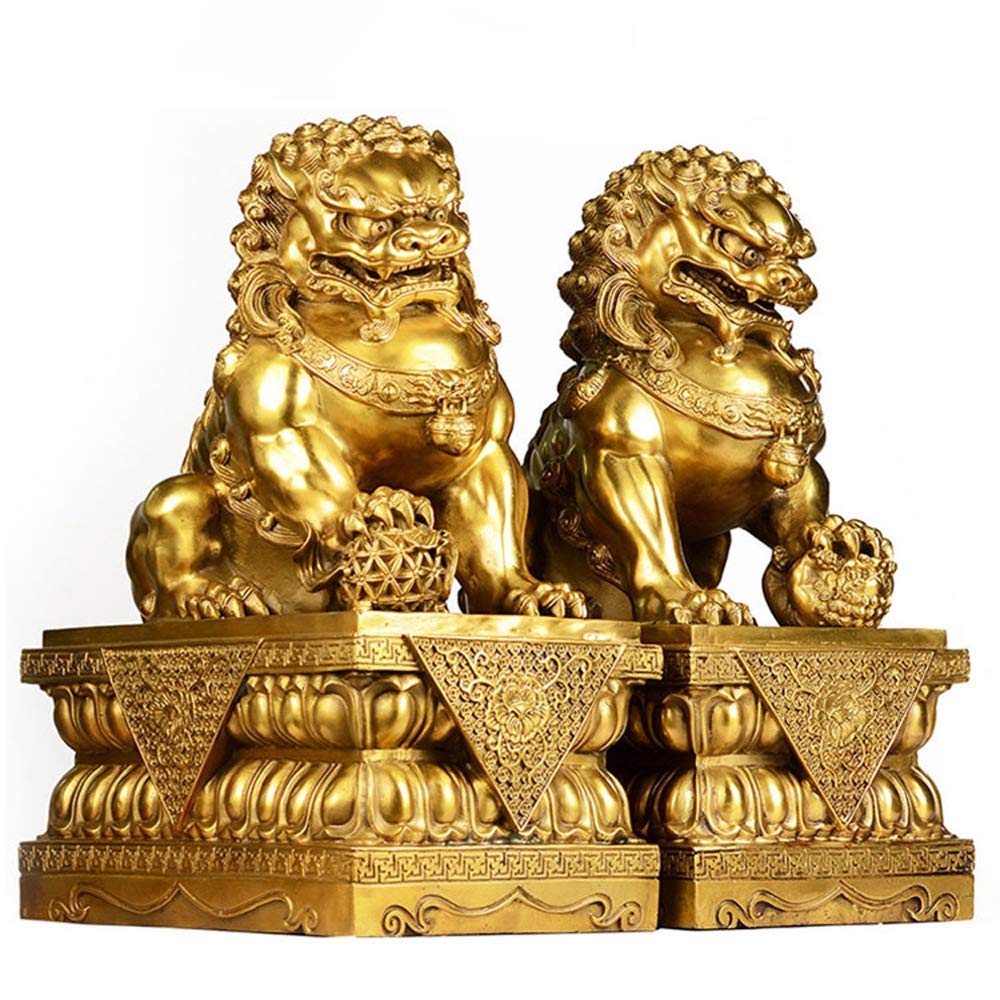 SnamicE ornaments beijing lions pair foo dogs statues, chinese decor pure brass prosperity accessories figurine,home and office wealth good luck sculpture,