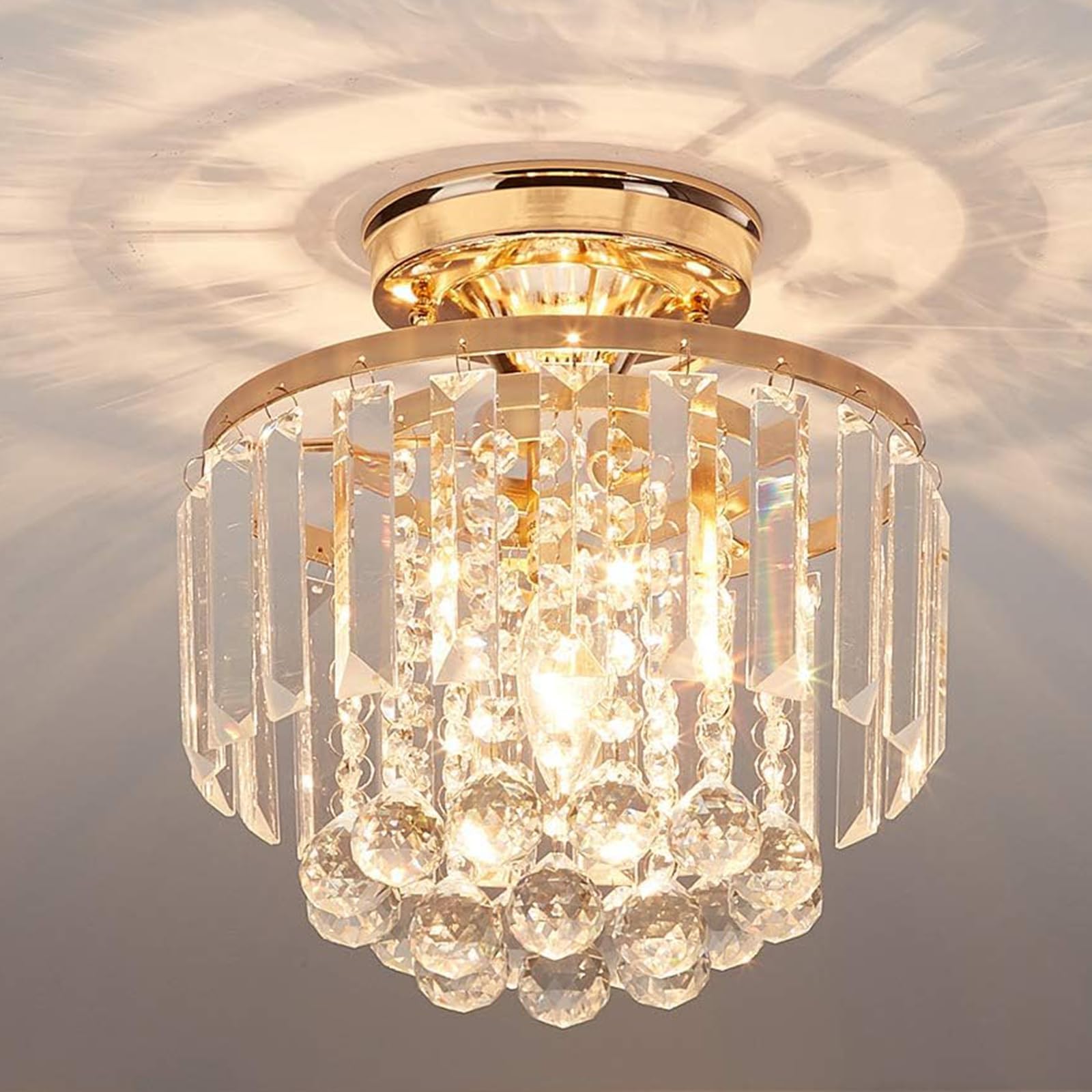 Mini Gold Crystal Chandelier,Semi Flush Mount Crystal Ceiling Light Fixture,French Gold Crystal Closet Mini Ceiling Light Fixture for Hallway Entryway Living Room Bedroom, H10.23 xD9.05