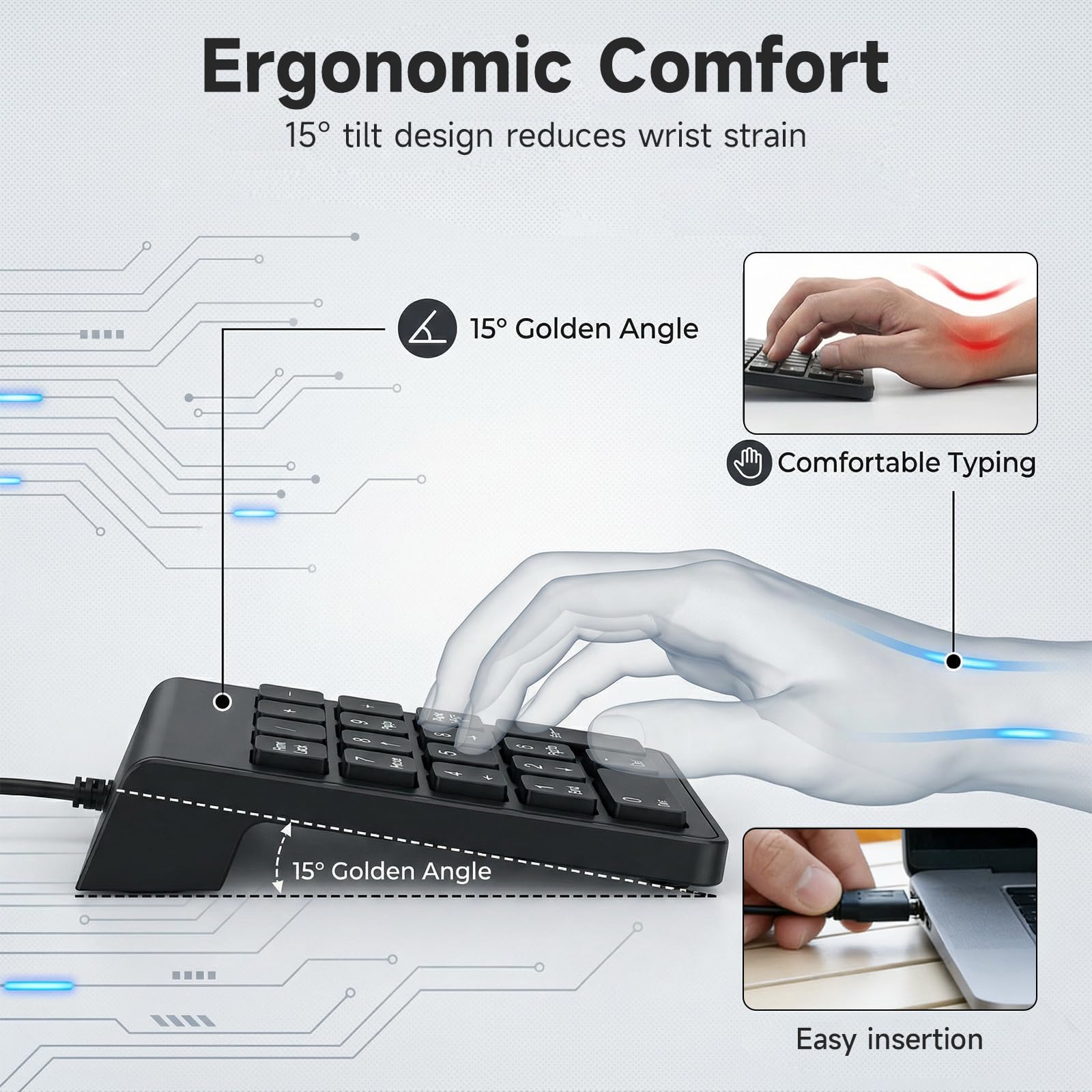 Pavé Numérique Filaire avec Câble USB Intégré, Clavier Numérique 18 Touches Ultra-Fin et Portable, Numpad pour Ordinateur Portable, Notebook et PC de Bureau, Noir