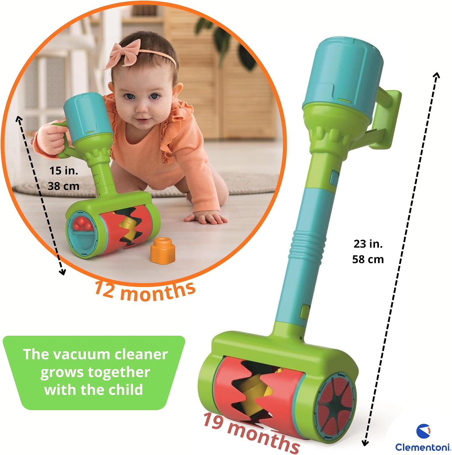 Clementoni Soft Clemmy – Touch & Play Sensory Vacuum, Children's Vacuum Cleaner 12+ Months, 6 Building Bricks, Early Childhood Game Made in Italy to Stimulate The Senses of Toddlers, 17975