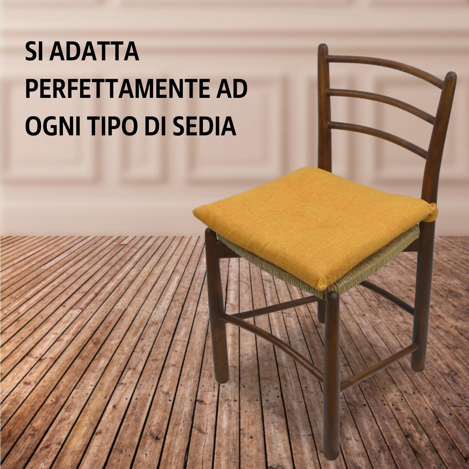 Intimitaly Set 6 Cuscini Sedia Con Lacci 4 Punti Comodi Made in Italy in Cotone Imbottiti e Spessi 6 Cm (Ocra)