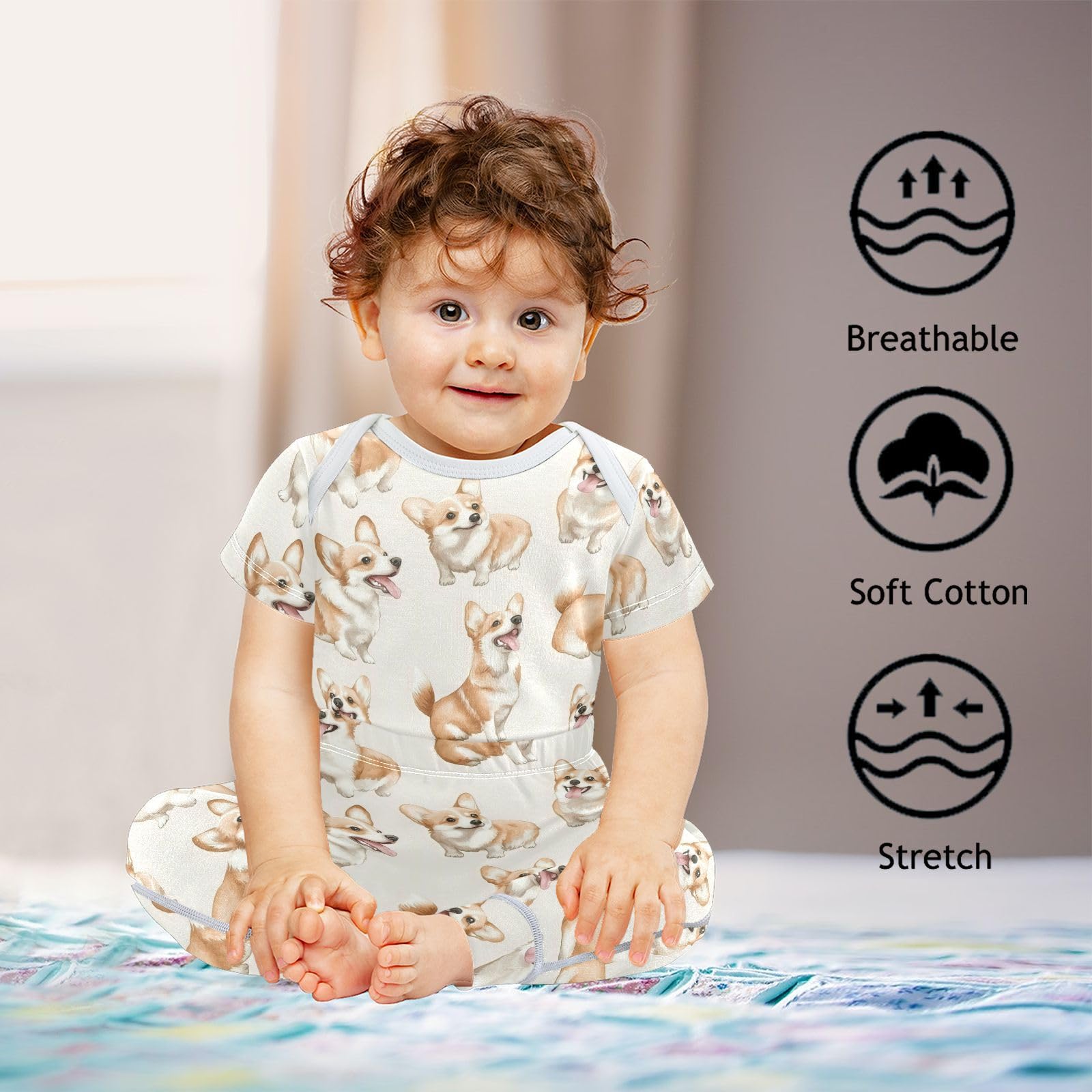 vvfelixl Corgi Dog Baby Layette Sets,Baby Bodysuits Set Unisex Short Sleeve Babys Pants Sets 9-12M