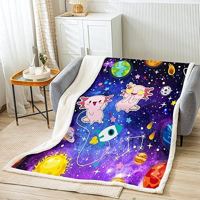 Homewish Cute Axolotl Kids Throw Blanket,Starry Sky Galaxy Planets Bed Blanket for Girls Boys Adults,Mexico Animals Cartoon Fleece Blanket,Purple Romantic Fuzzy Blanket,Baby Size (30 x 39 Inches)