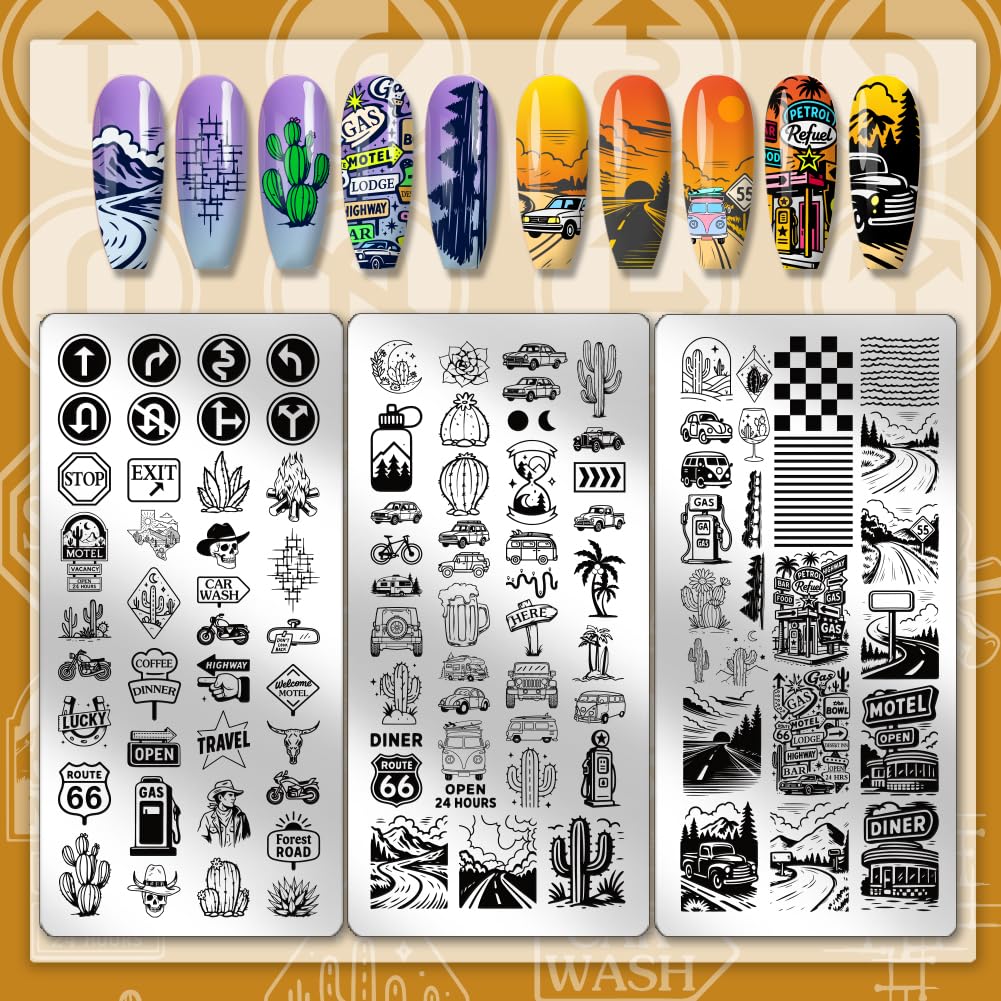 PH PandaHall 3pcs Road Trip Nail Stamp Plate Adventure Travel Pattern Print Art Template Stainless Steel Nail Image Plate Desert Highway Nails Art Stencils for Women DIY Printing 12x6cm - Image 3