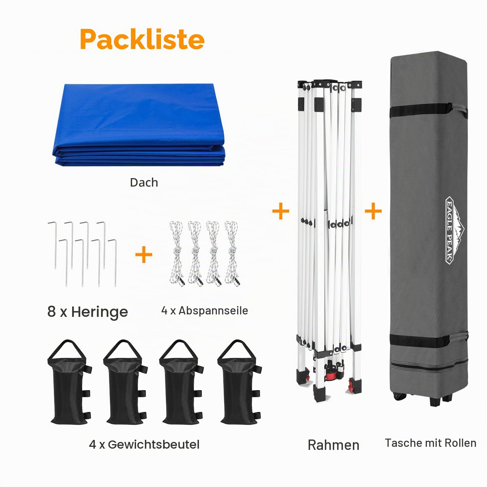 EAGLE PEAK Aufstellbarer Pavillon mit rollbarer Tragetasche, 8 Erdheringen, 4 Seilen, 4 Gewichtsacken, einfach aufzubauen, 3x3 m, 9 m² Schattenfläche, Blau | PeakPush™-Zentralverriegelung, 1-Person-Aufbau, tragbares Falt-Zelt für Strand, Märkte, Camping &