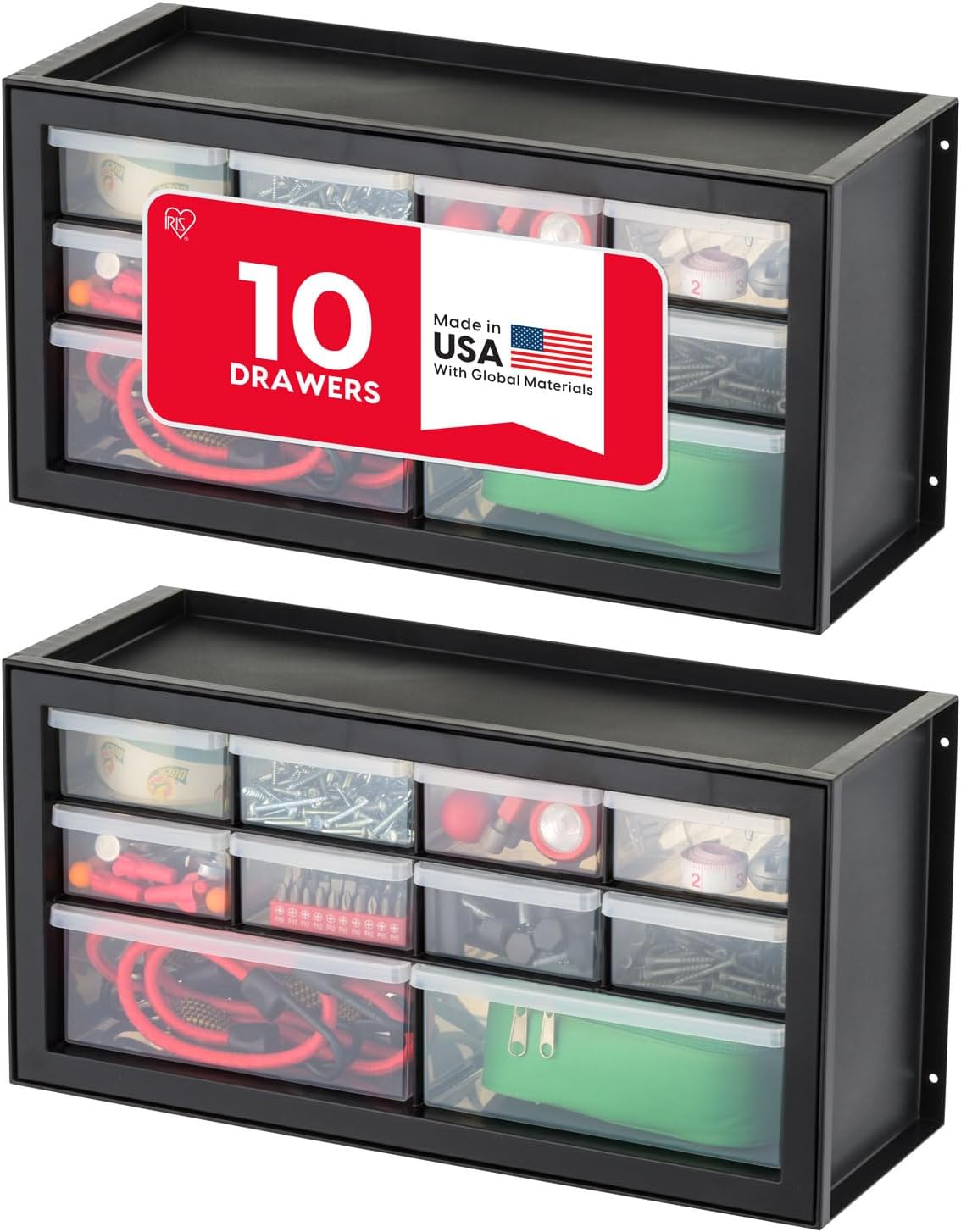 IRIS USA Small Drawer Organizer Storage, 2-Pack, 10-Drawer Craft Cabinet for Screws Hardware Art Supplies Small Parts Nuts Bolts Nails Tool Container, Drink Packet Water Flavor Packet Organizer, Black
