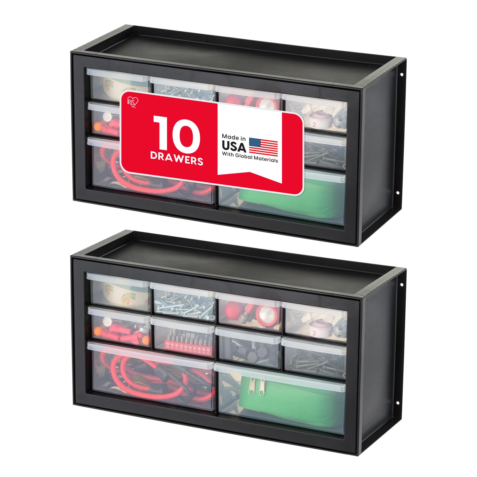 IRIS USA Plastic Storage Drawer Organizer, 10 Drawer Cabinet, 2 Pack, Black