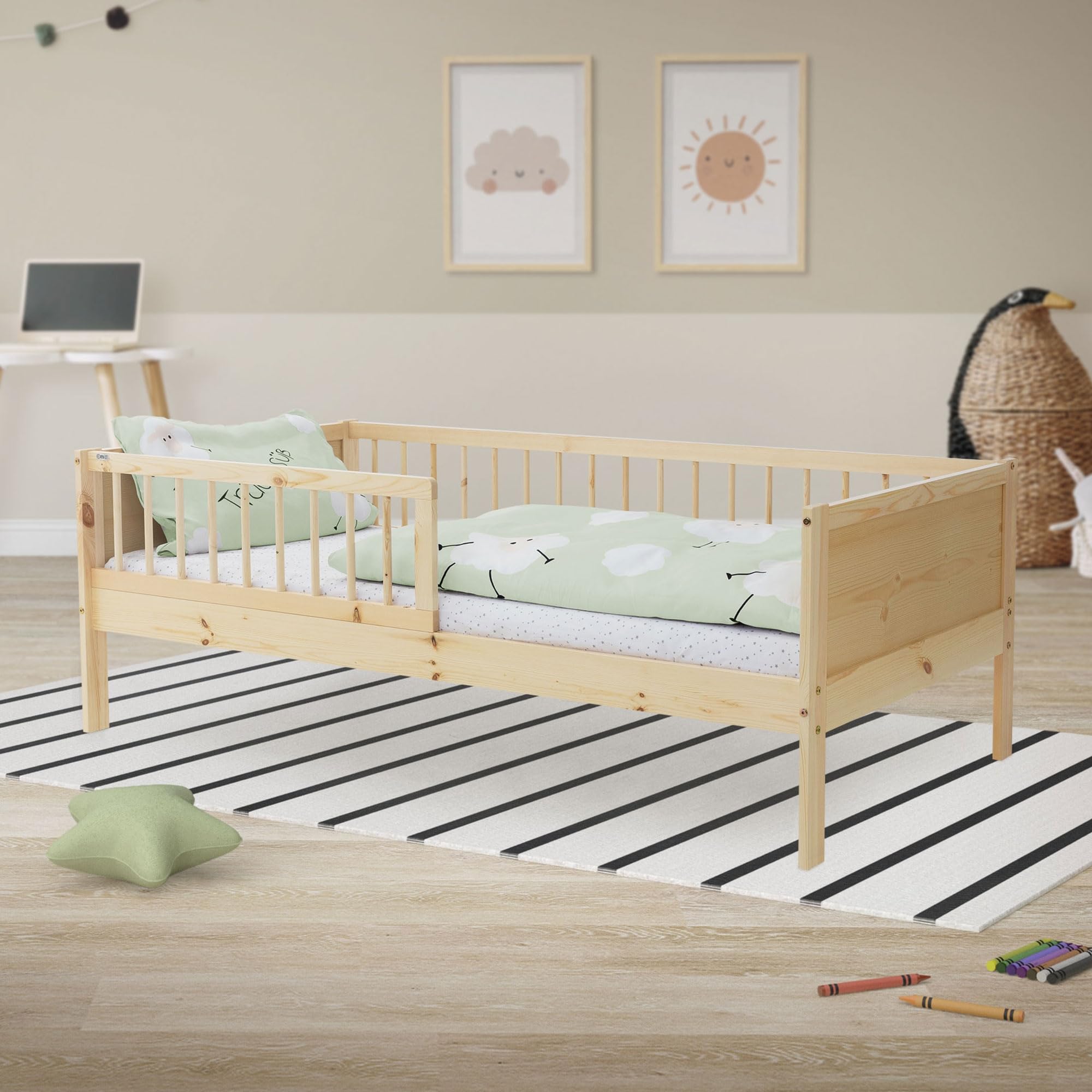 ML-Design Lózko dzieciece 80x160 cm naturalne pojedyncze z rama listewkowa i barierka ochronna wykonane z drewna sosnowego drewniane dla chlopców i dziewczynek z litego drewna idealne dla malucha