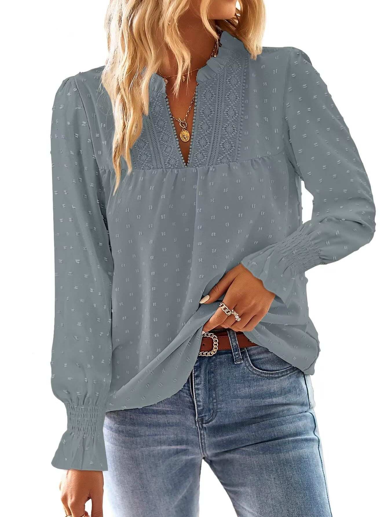 TUUHAW Langarmshirt Damen Herbst Boho Top Oberteile Fließend Elegant V-Ausschnitt T Shirt Süß Lässig Outfits Frühling Winter Longshirt Spitze Kleidung Paspel Volant Graugrün M