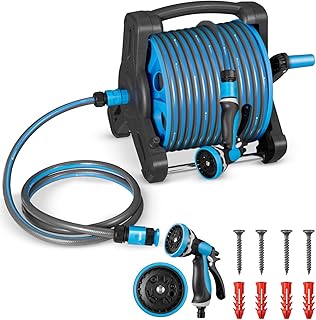 Juskys Schlauchtrommel mit 30 m Wasserschlauch und Multifunktionsbrause - Mobiler Schlauchaufroller mit Wandhalterung, Düse — Blau Dunkelgrau