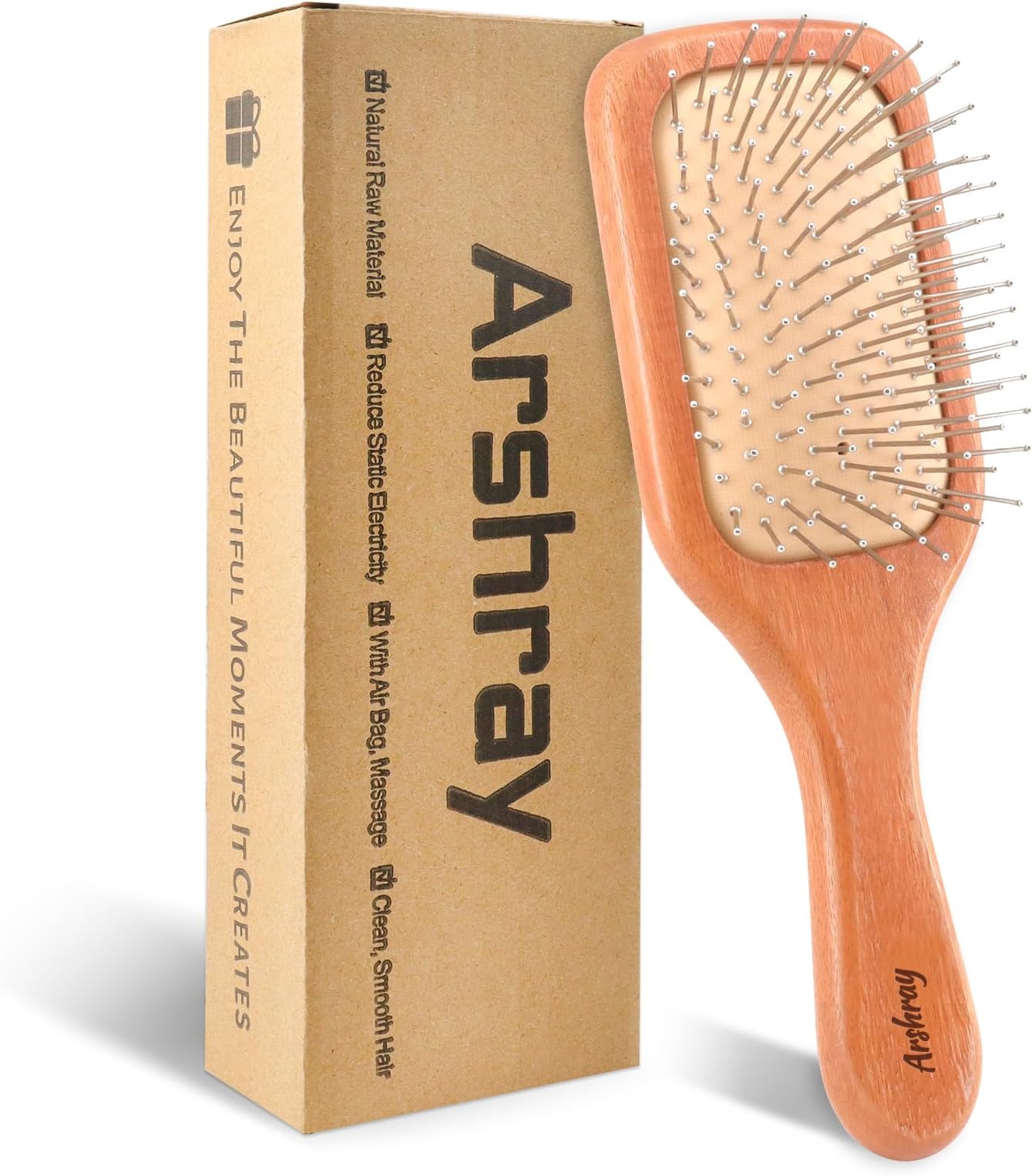 Wooden Hair Brush, Metal Teeth, Airbag Design, Effective Massage Scalp, Reduce Static Electricity, Suitable For Dry, Curly, Coarse, Fine, Straight Hair, Etc